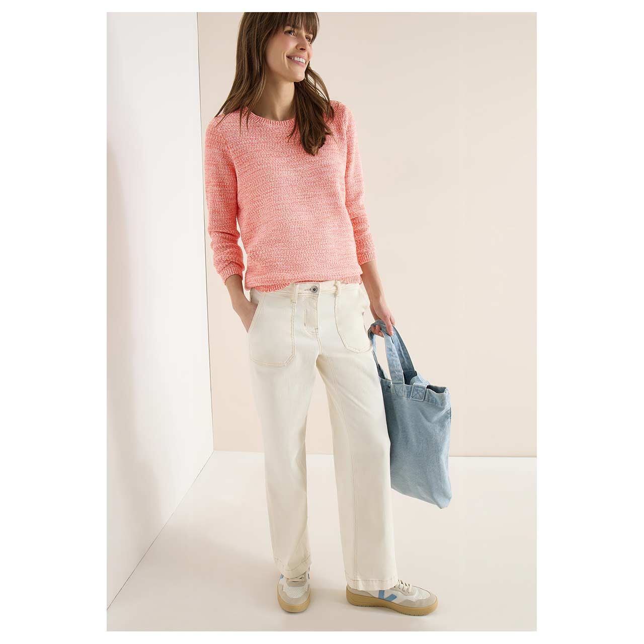 Damen Pullover Space Dye Tape von Cecil in Orange-Rot meliert, Ganzkörperansicht am Model