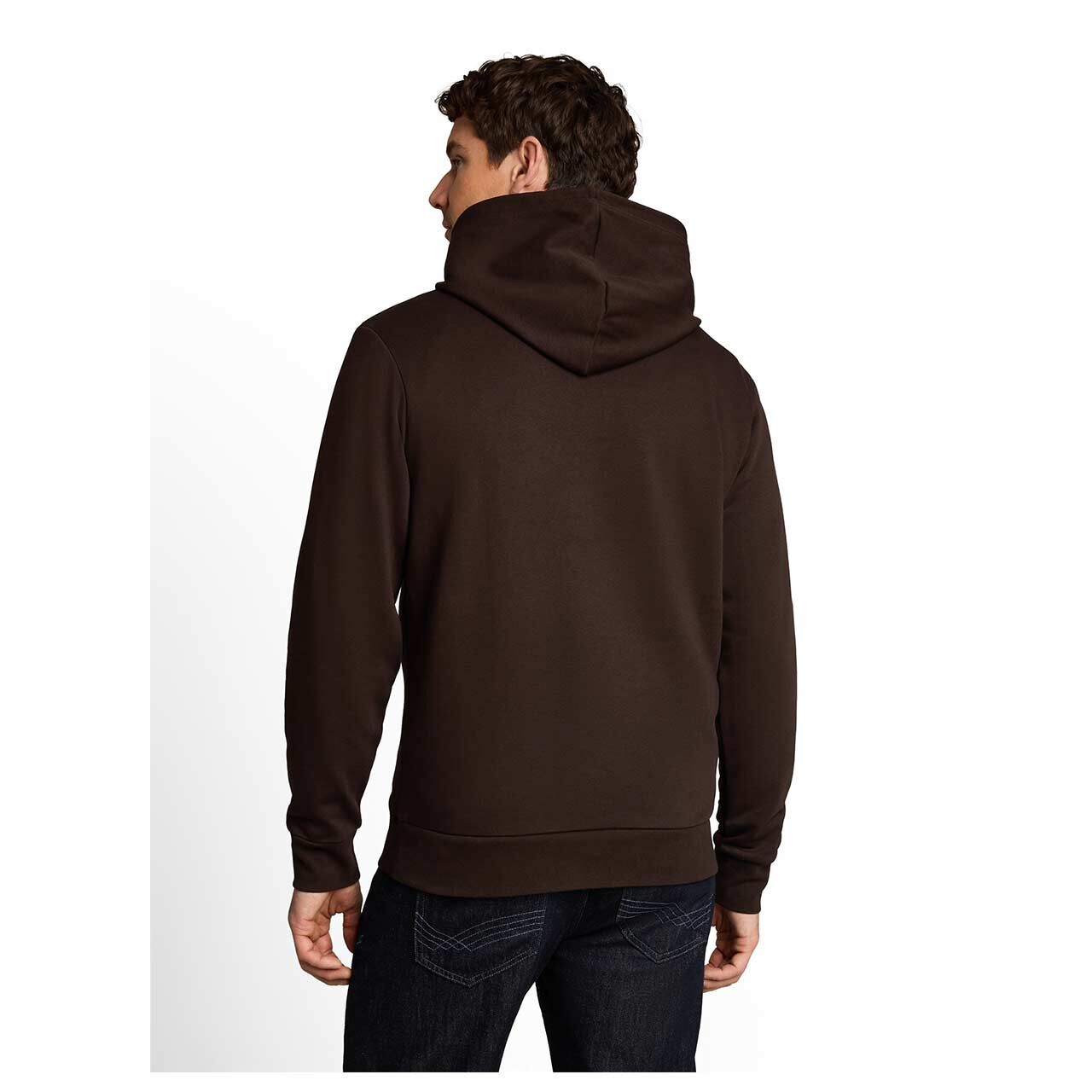 Herren Hoodie Sweatshirt von Tom Tailor in Dunkelbraun mit Print, Rückansicht am Model