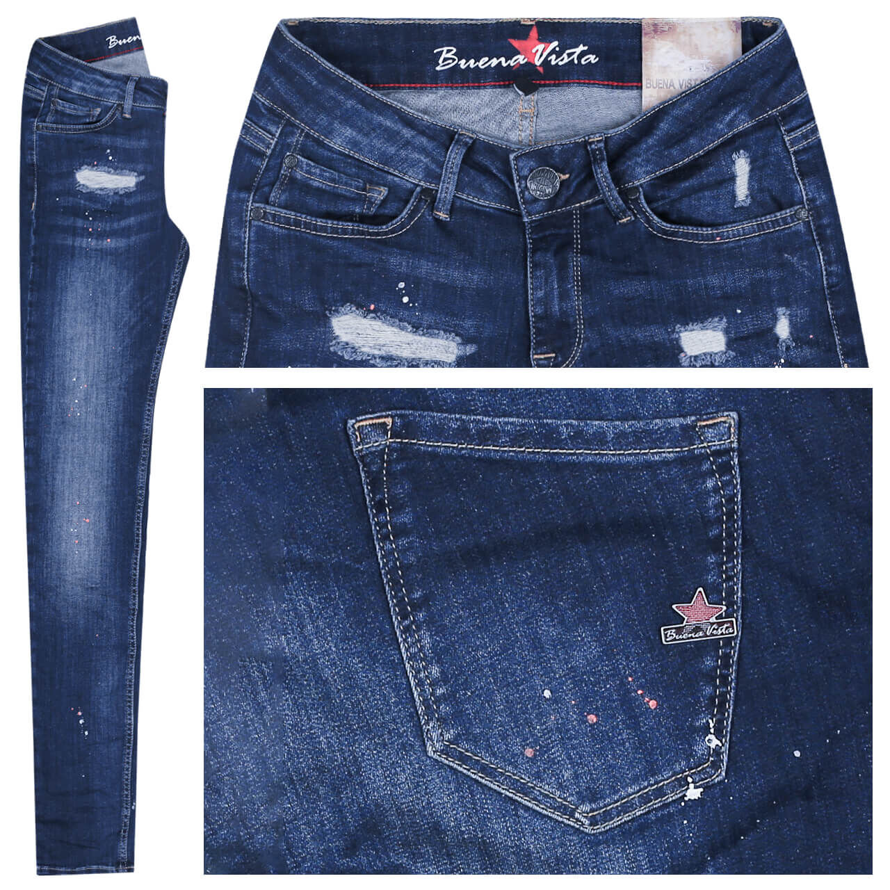 Buena Vista Jeans Italy Stretch Denim für Damen in Dunkelblau angewaschen mit Destroyed-Effekten und Painted-Effekt, FarbNr.: 2575