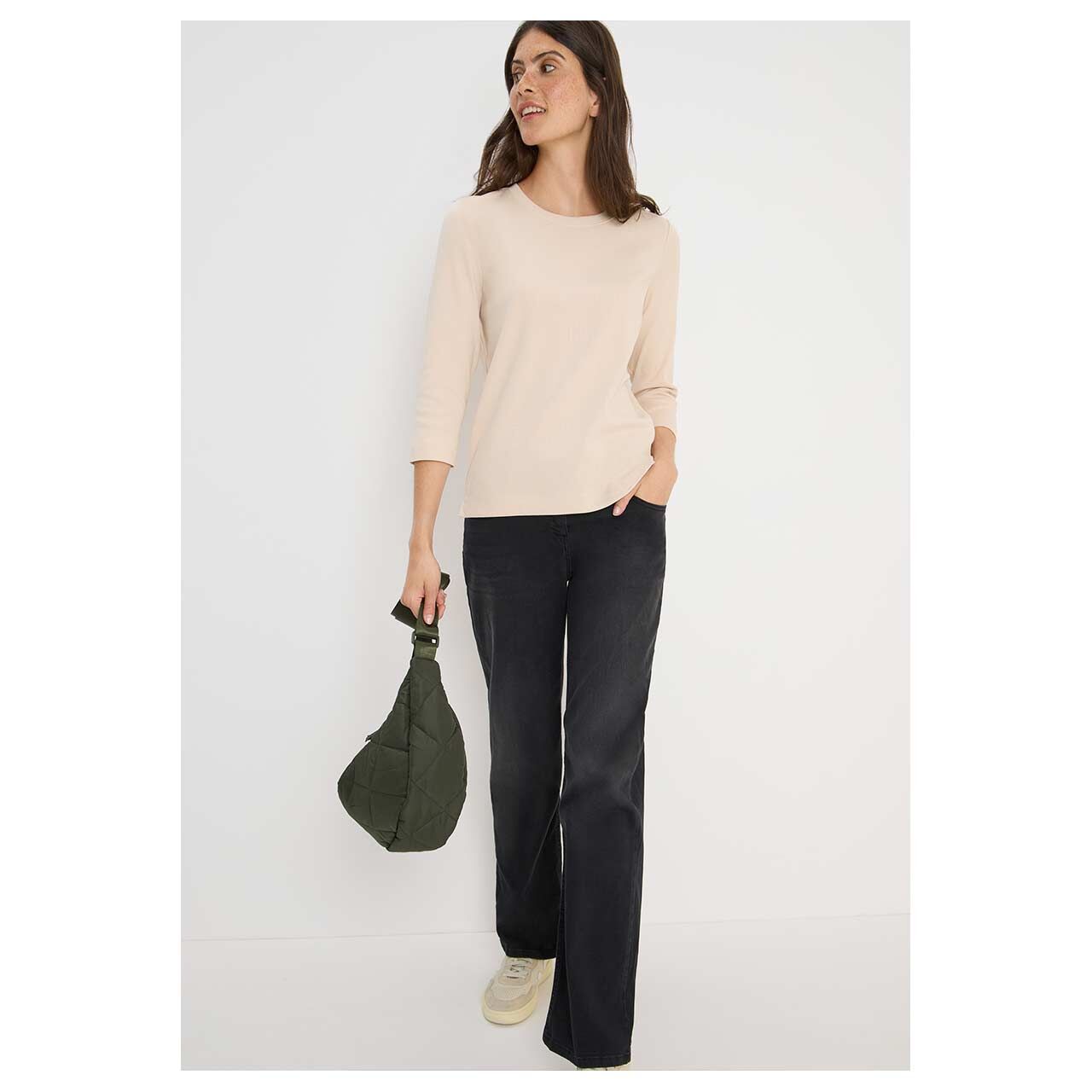 Damen 3/4 Arm Shirt Solid Rib von Cecil in Hellbeige, Ganzkörperansicht am Model gestylt