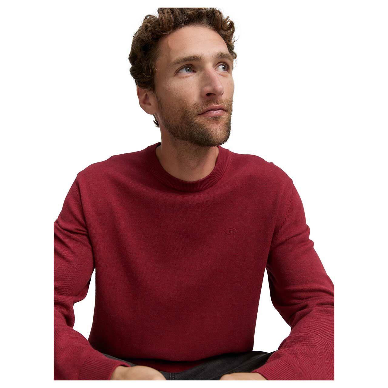 Herren Pullover Basic Crewneck Knit von Tom Tailor in Dunkelrot meliert, Detailansicht vorne am Model
