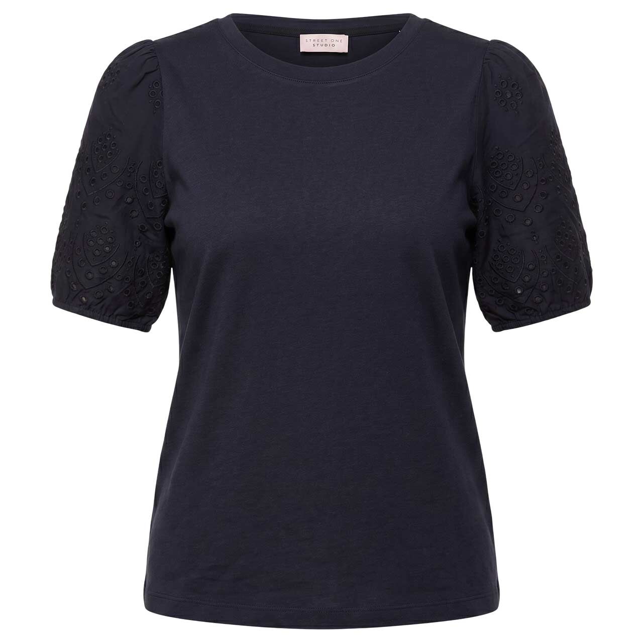 Street One Studio Damen T-Shirt Embroidered Woven Puff Sleeves maritime blue