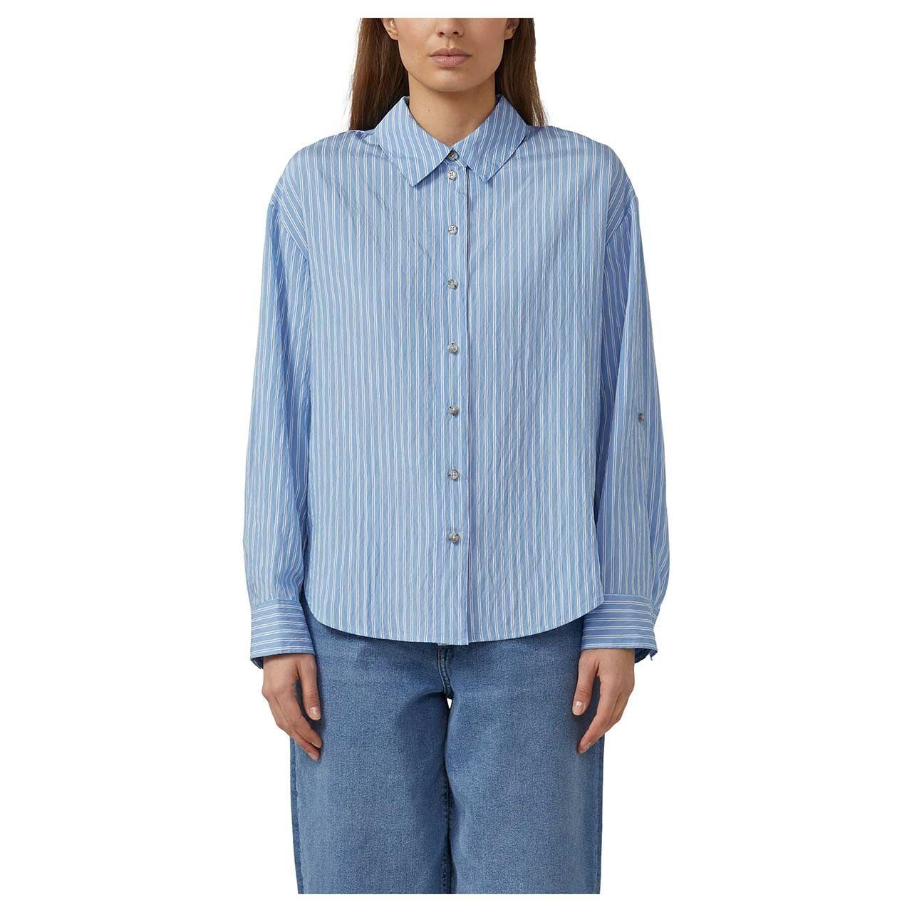 Damen Langarm Bluse von s.Oliver in Hellblau gestreift, Vorderansicht am Model