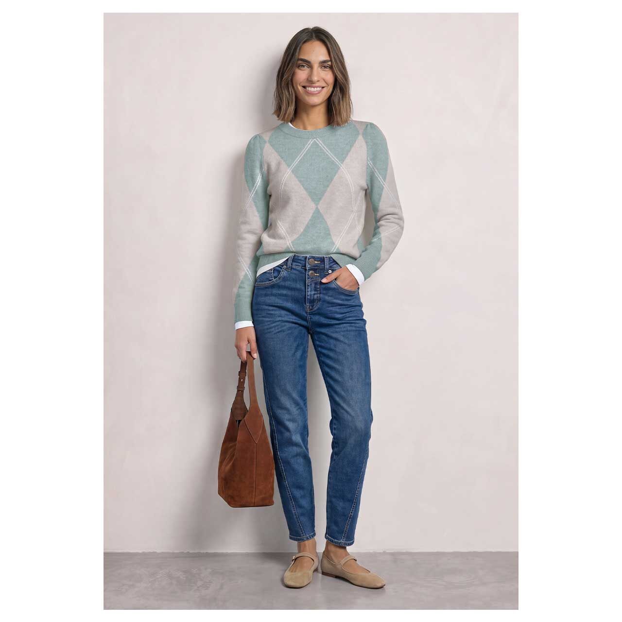Damen Pullover Cosy Sweater Intarsia von Street One in Grün mit Print, Ganzkörperansicht am Model
