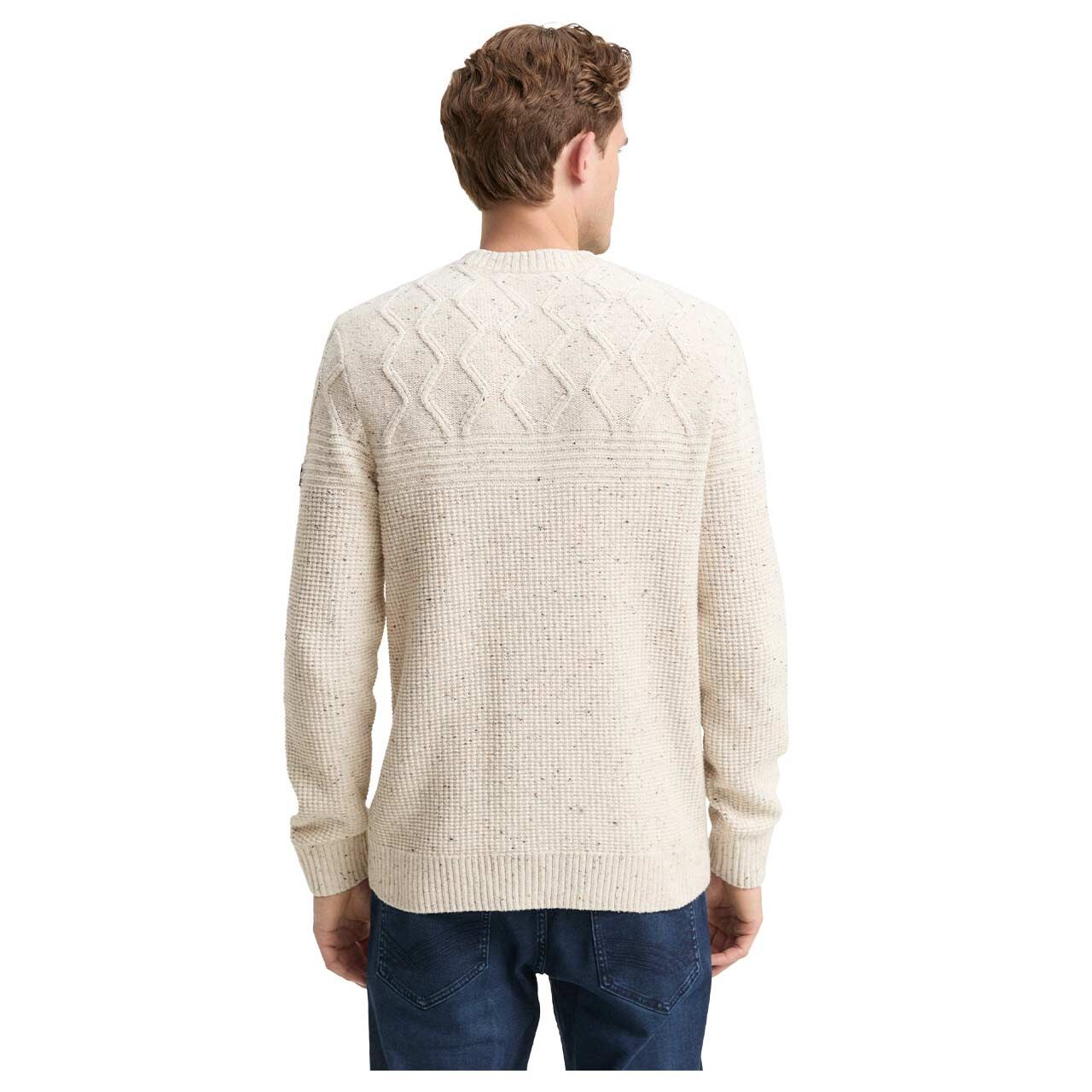 Herren Pullover Cable Knit von Tom Tailor in Cremeweiß meliert, Rückansicht am Model