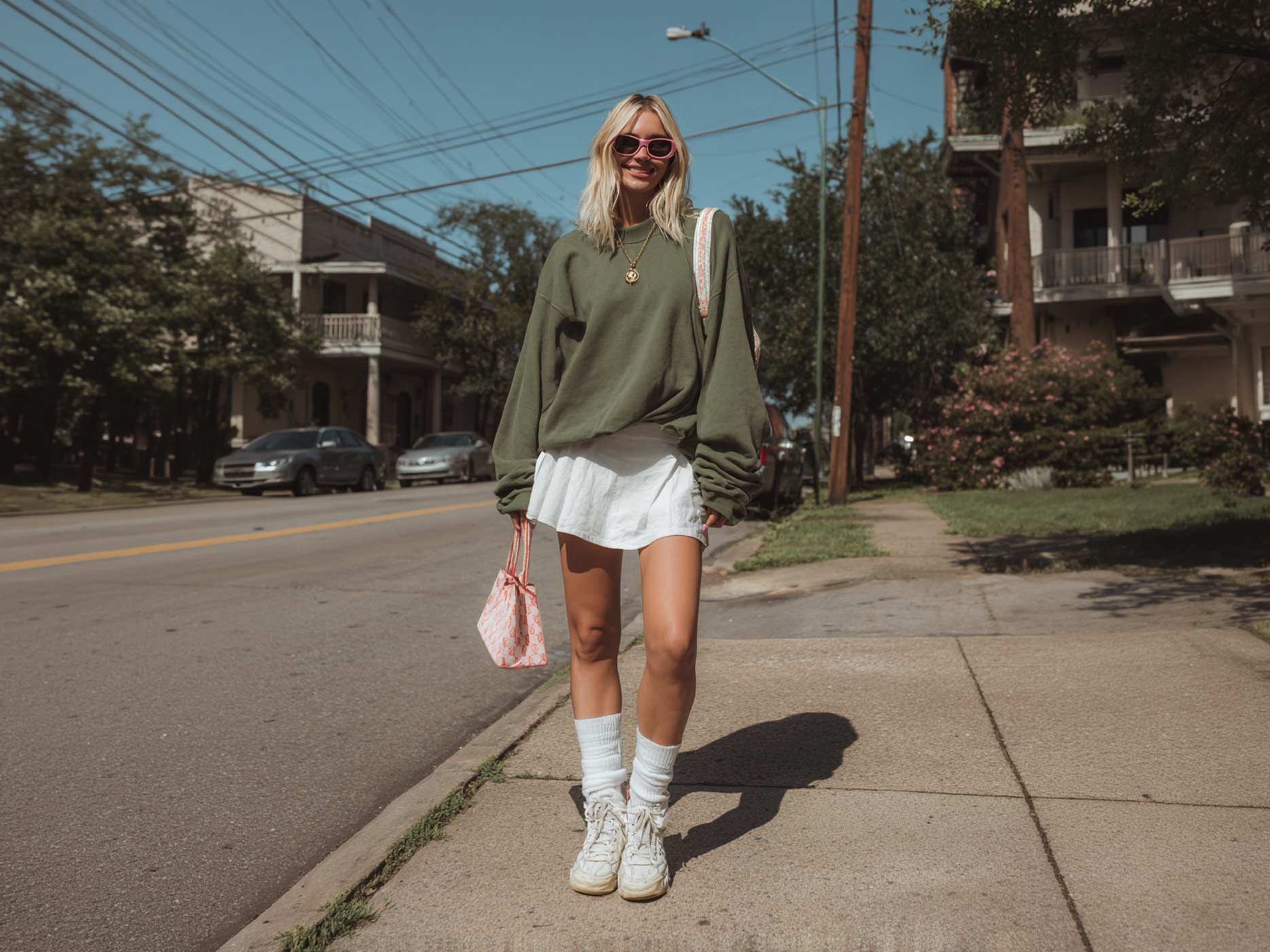 Eine Frau trägt einen kurzen weißen Rock, weiße Strümpfe und weiße Sneaker, einen grünen Oversize-Pullover und eine rosa Handtasche. Sie steht an einem sonnigen Tag mit Sonnenbrille auf einem Gehweg in einem amerikanischen Wohnviertel.