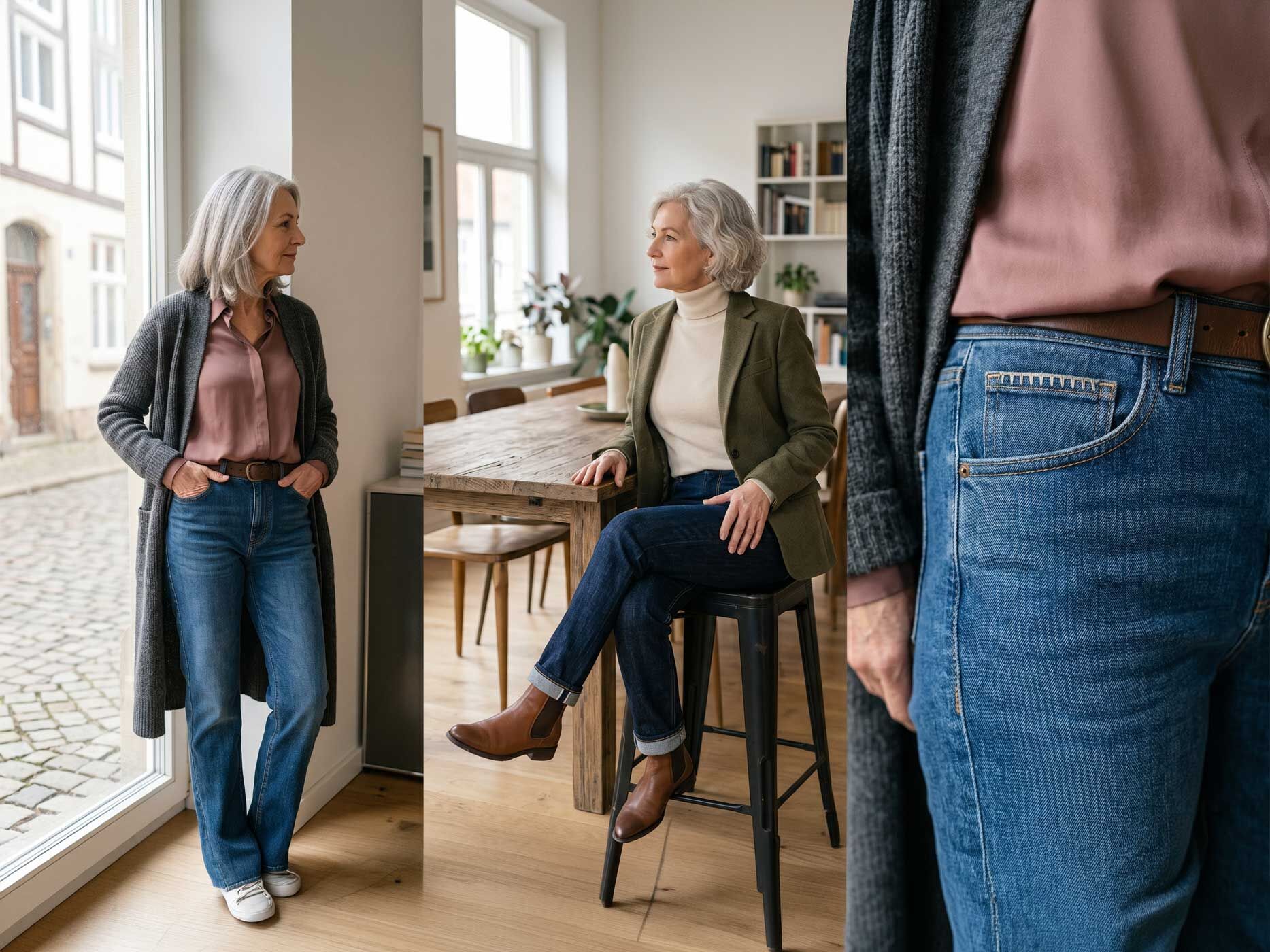 Eine Frau tr&auml;gt eine bequeme blaue Damenjeans mit ros&eacute;farbener Bluse, grauem Cardigan und wei&szlig;en Sneakern.
