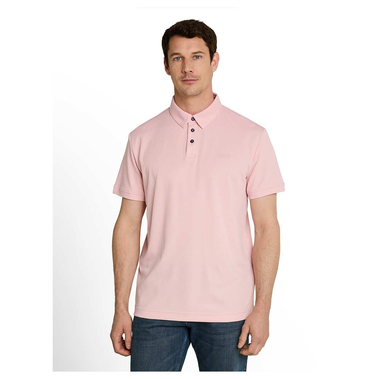 Herren Piqué Poloshirt von Tom Tailor in Rosa, Vorderansicht am Model
