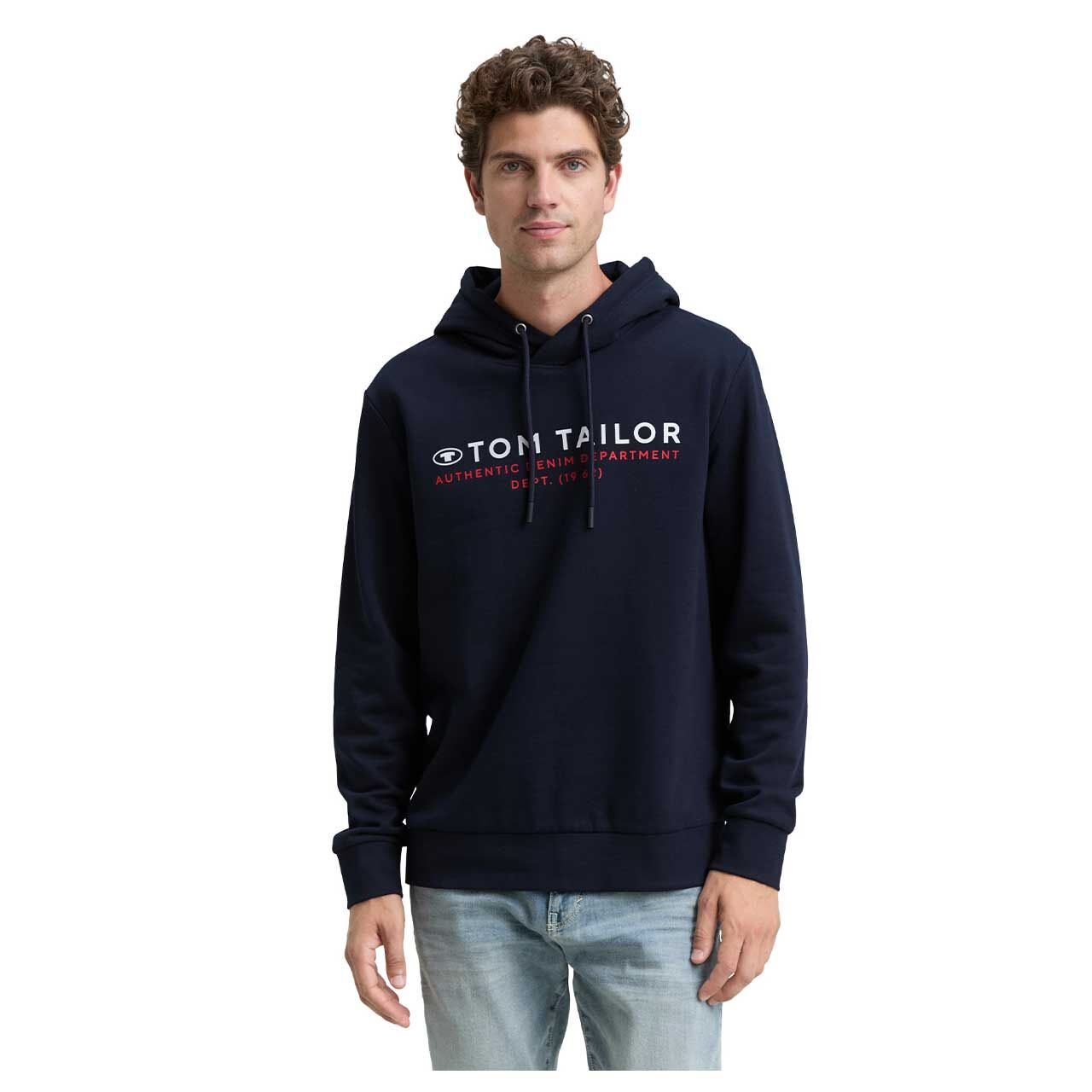 Herren Hoodie Sweatshirt von Tom Tailor in Dunkelblau mit Print, Vorderansicht am Model