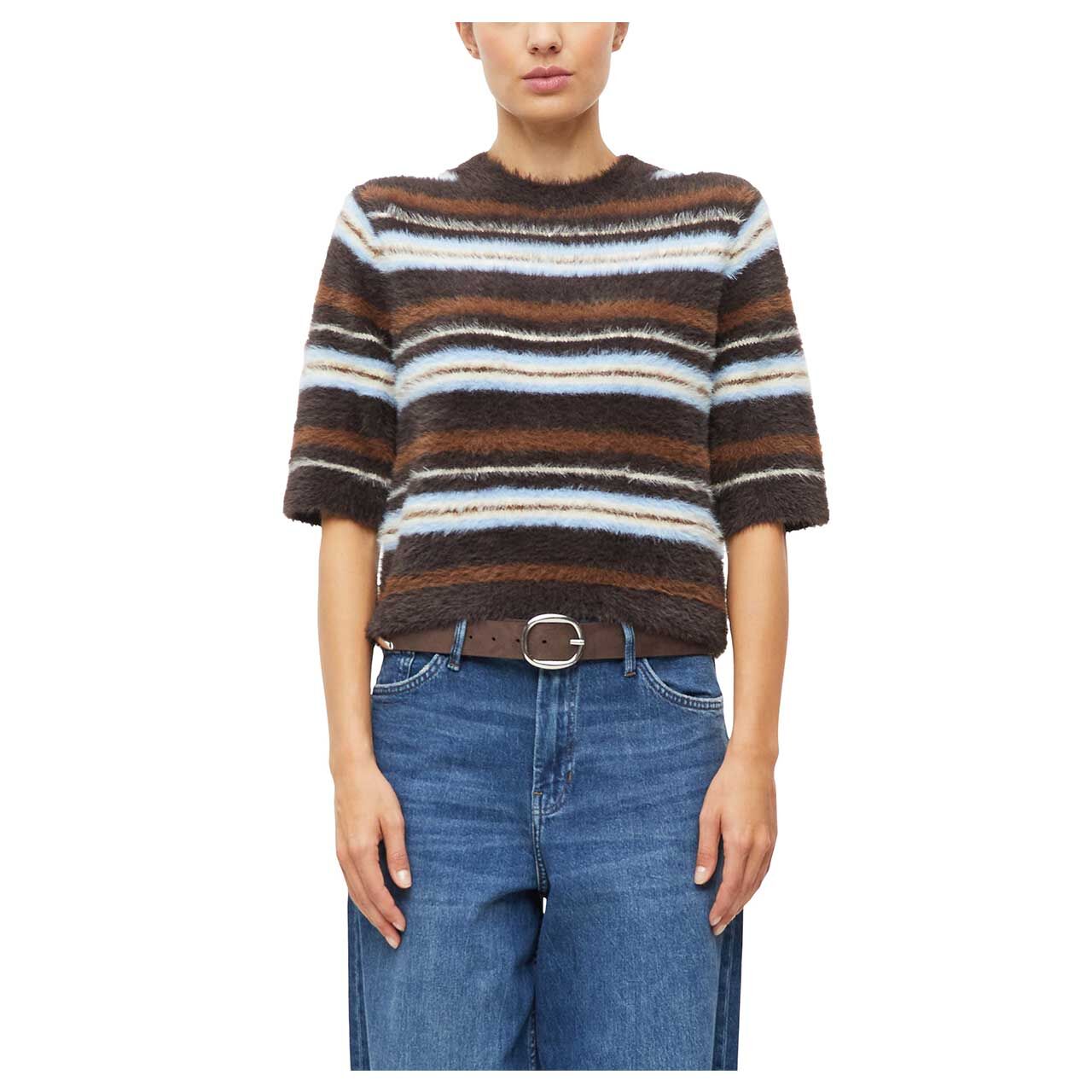 Damen Kurzarm Pullover von s.Oliver in Dunkelbraun gestreift, Vorderansicht am Model