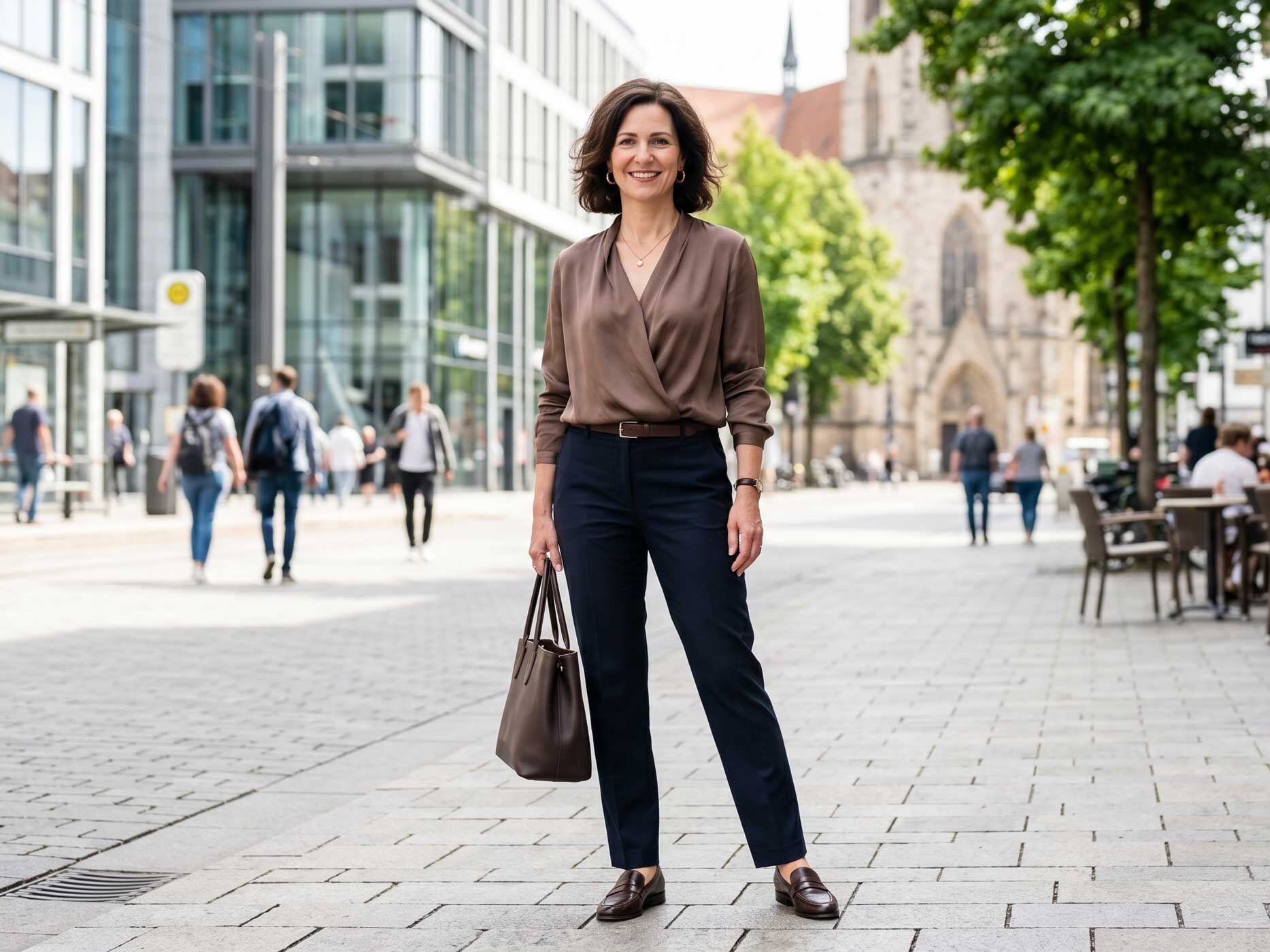 Eine Frau tr&auml;gt eine locker fallende Bluse mit G&uuml;rtel zu einer schmal geschnittenen Damenjeans und flachen Schuhen.