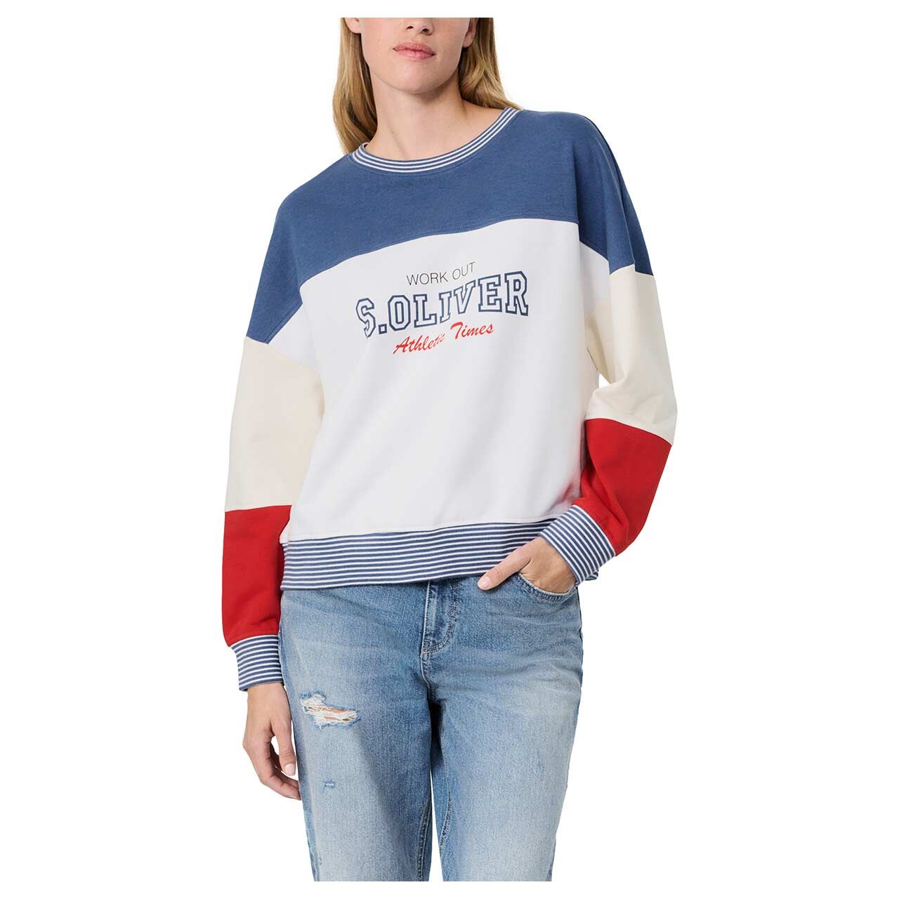 s.Oliver Damen Sweatshirt in Weiß mit Print, Vorderansicht am Model