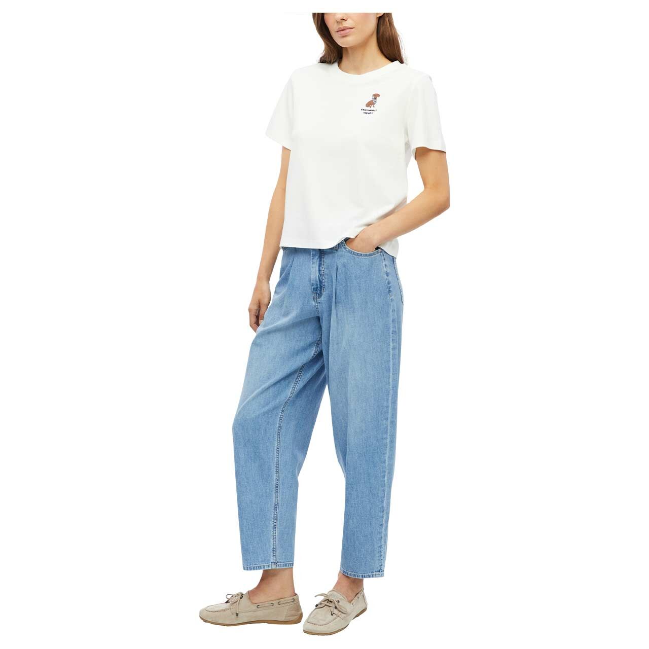 s.Oliver Damen T-Shirt in Cremeweiß mit Print, Seitansicht am Model