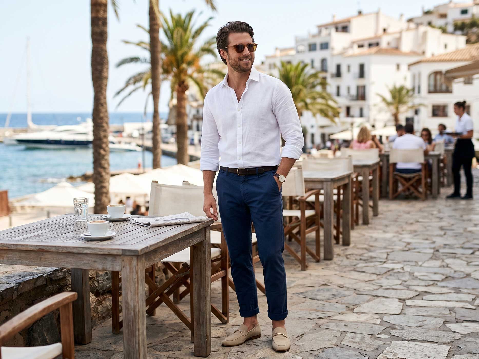 Ein Mann kombiniert eine blaue Chino mit einem weißen Leinenhemd und beigen Loafern. Die Szene spielt an einer mediterranen Promenade am Wasser und vermittelt einen entspannten, sommerlichen Look.