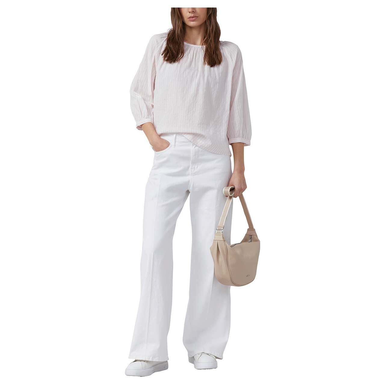 Damen 3/4 Arm Bluse von s.Oliver in Rosa gestreift, Ganzkörperansicht am Model