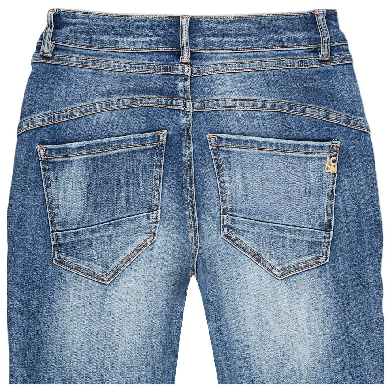 Damenjeans Cosmopolitan von Senoritas ICON in Blau angewaschen mit Destroyed-Effekten, detaillierte Rückansicht