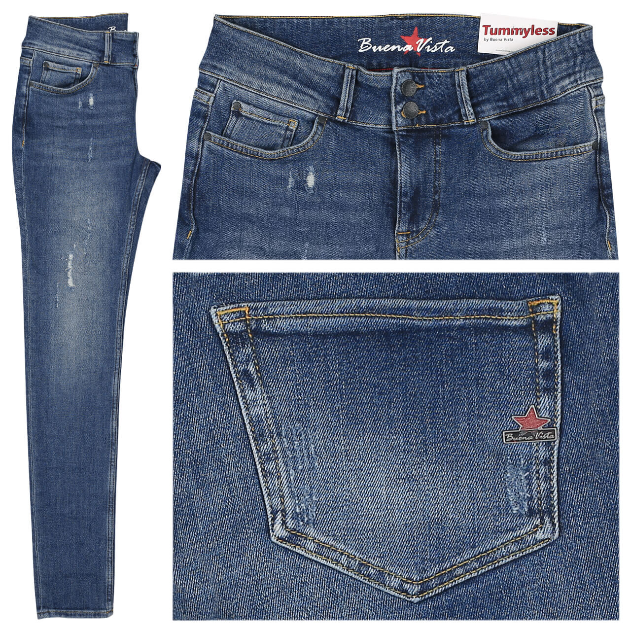 Buena Vista Jeans Tummyless Stretch für Damen in Blau mit Destroyed-Effekten, FarbNr.: 4218