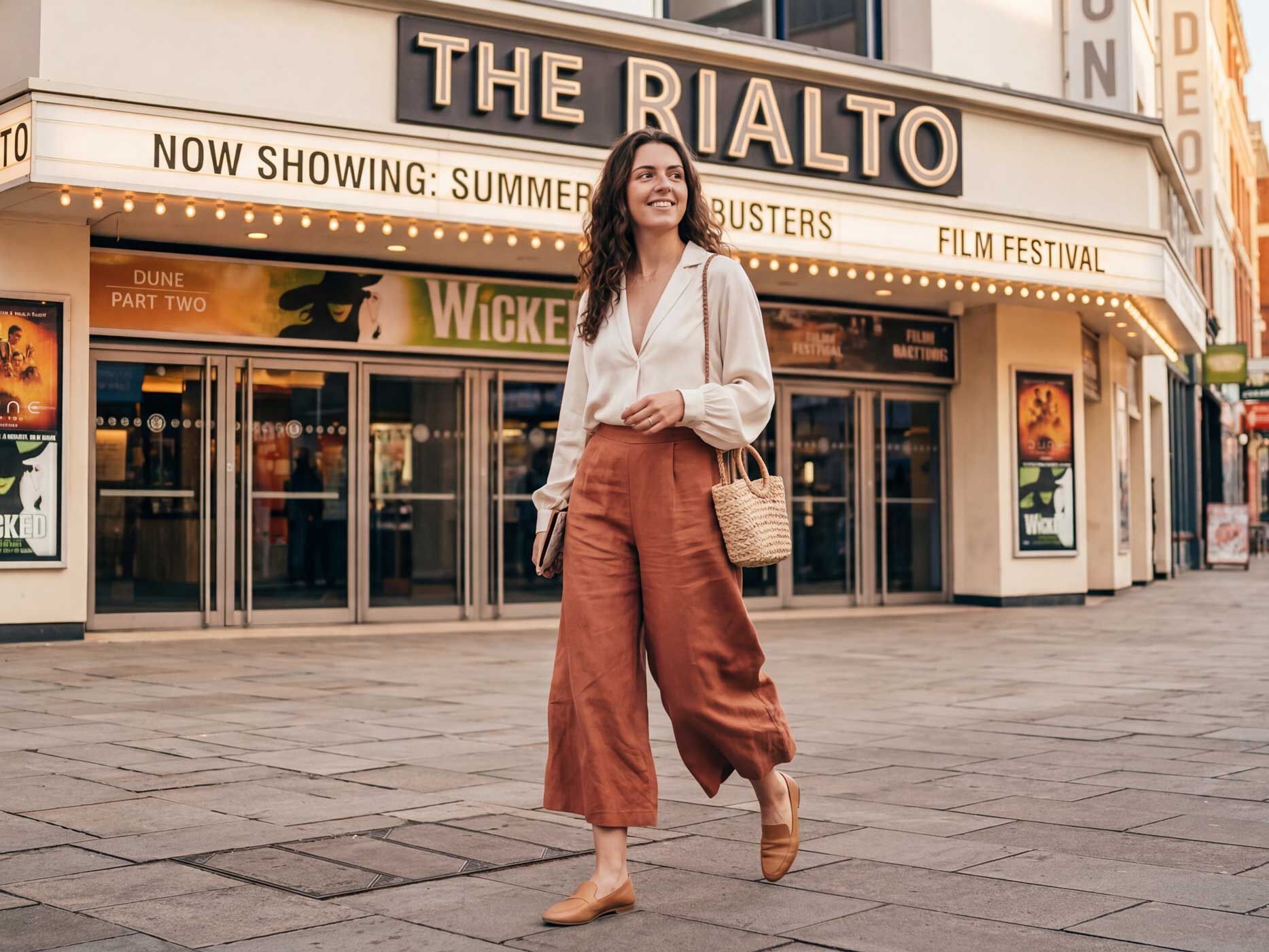 Eine Frau trägt eine rotbraune Culotte, dazu gleichfarbige Slipper, eine weiße Bluse und eine Umhängetasche aus Korb.