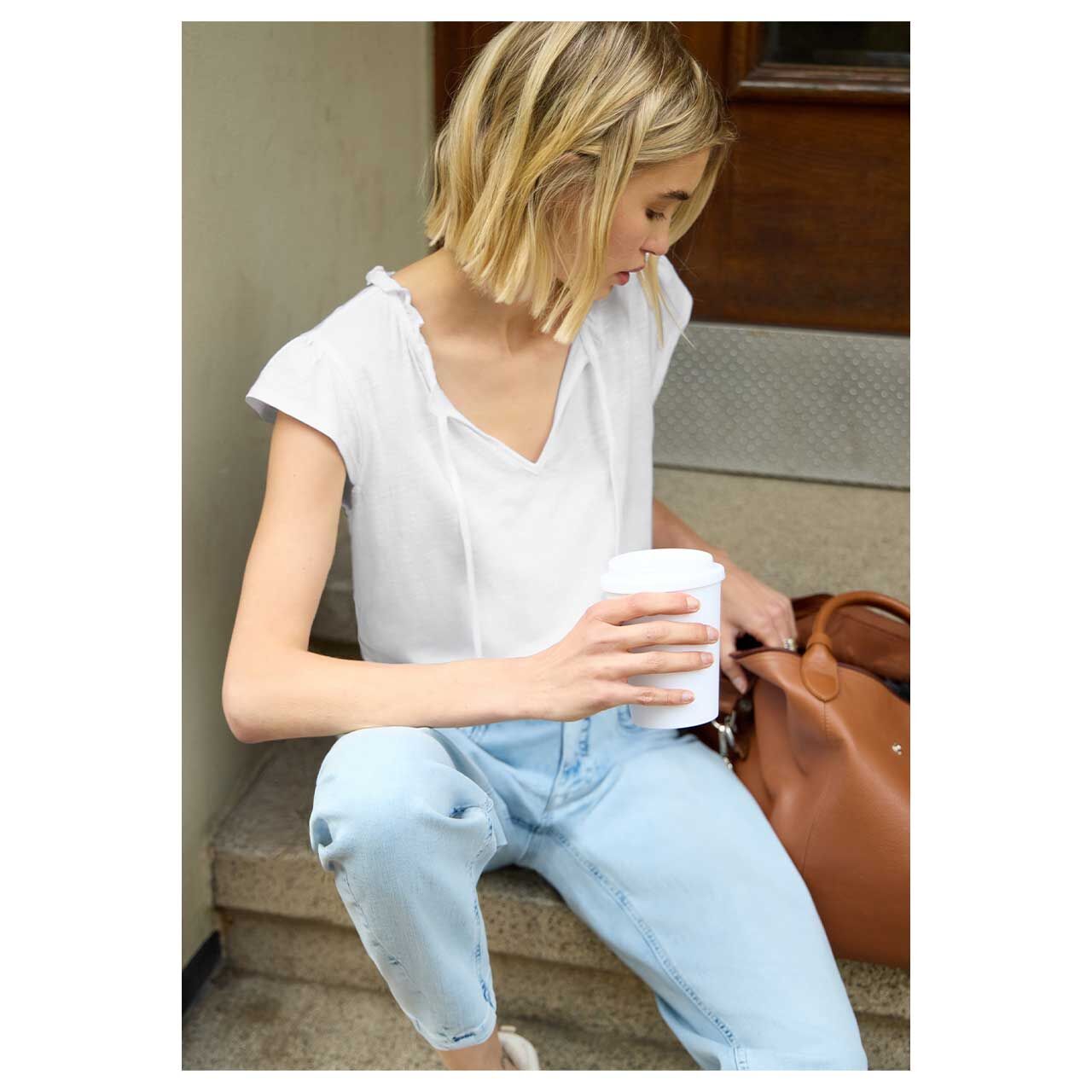 Damen T-Shirt Frill Neck von Street One Studio in Weiß meliert, Vorderansicht am Model