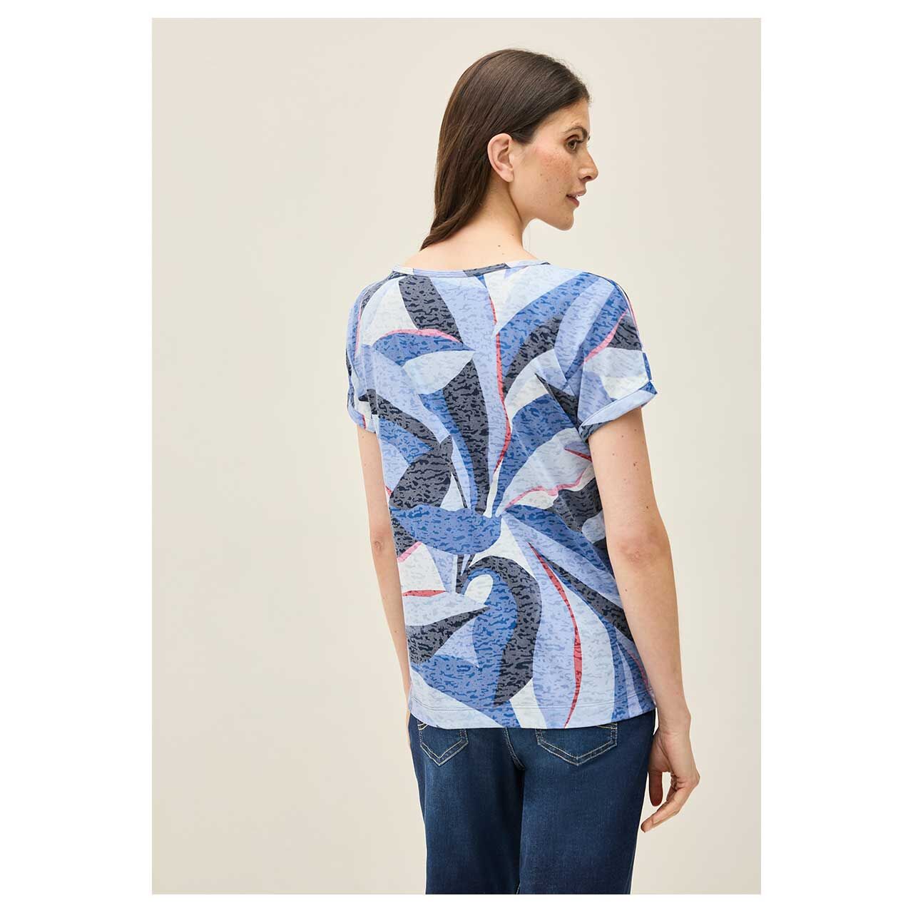 Damen T-Shirt Multi Burn Out von Cecil in Blau mit Print, Rückansicht getragen