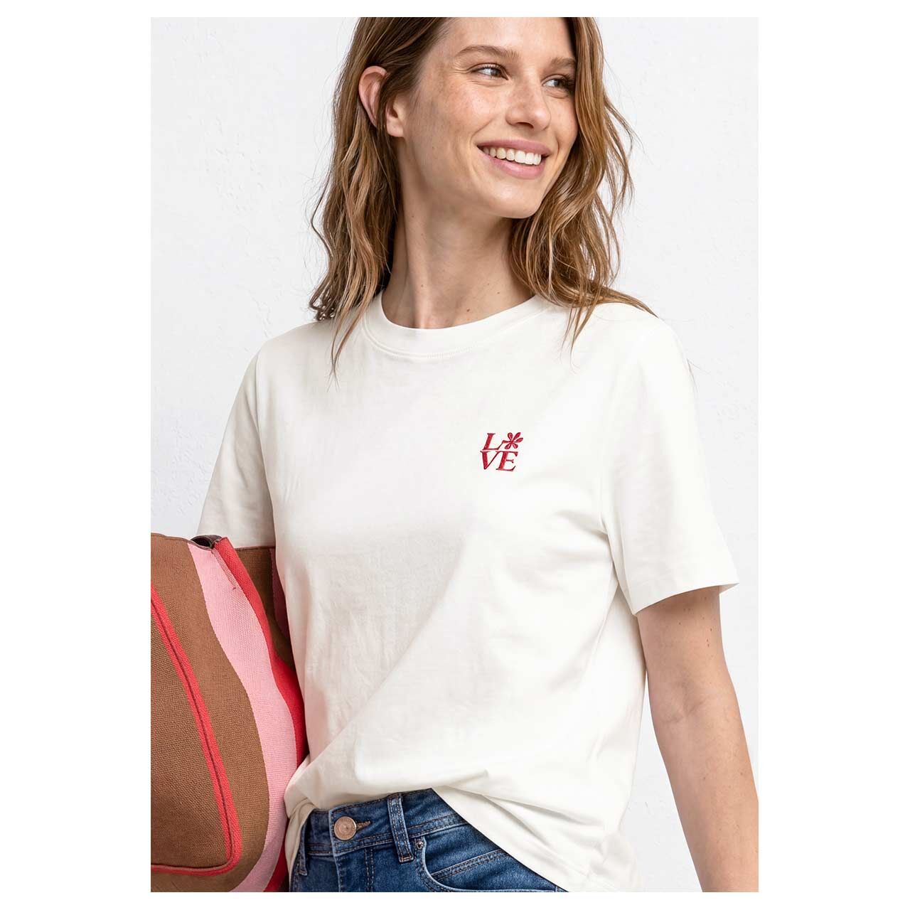 Damen T-Shirt Basic Chest Print von Street One in Cremeweiß mit Print, Vorderansicht am Model