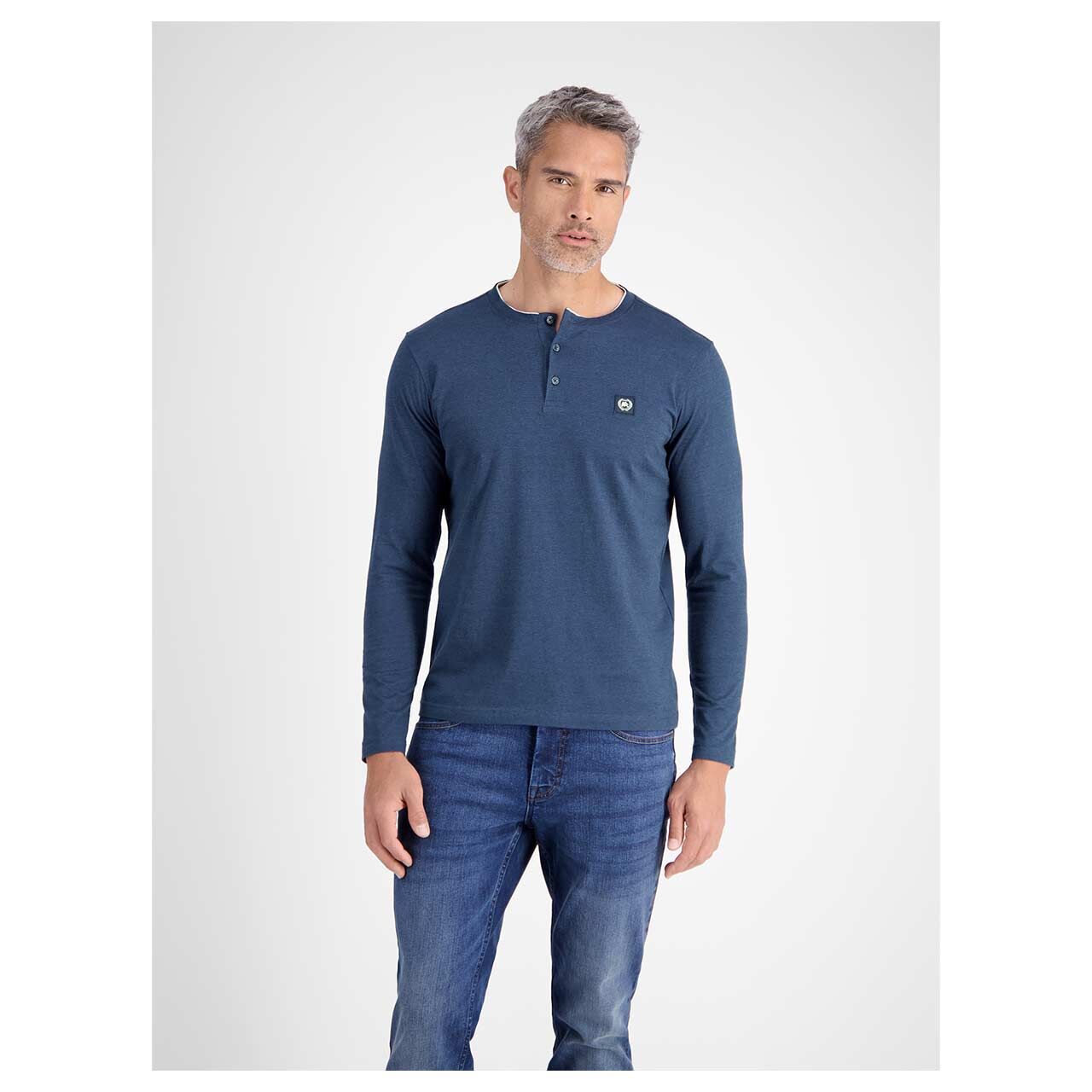 Herren Langarm Shirt Henley von Lerros in Dunkelblau meliert, Vorderansicht am Model