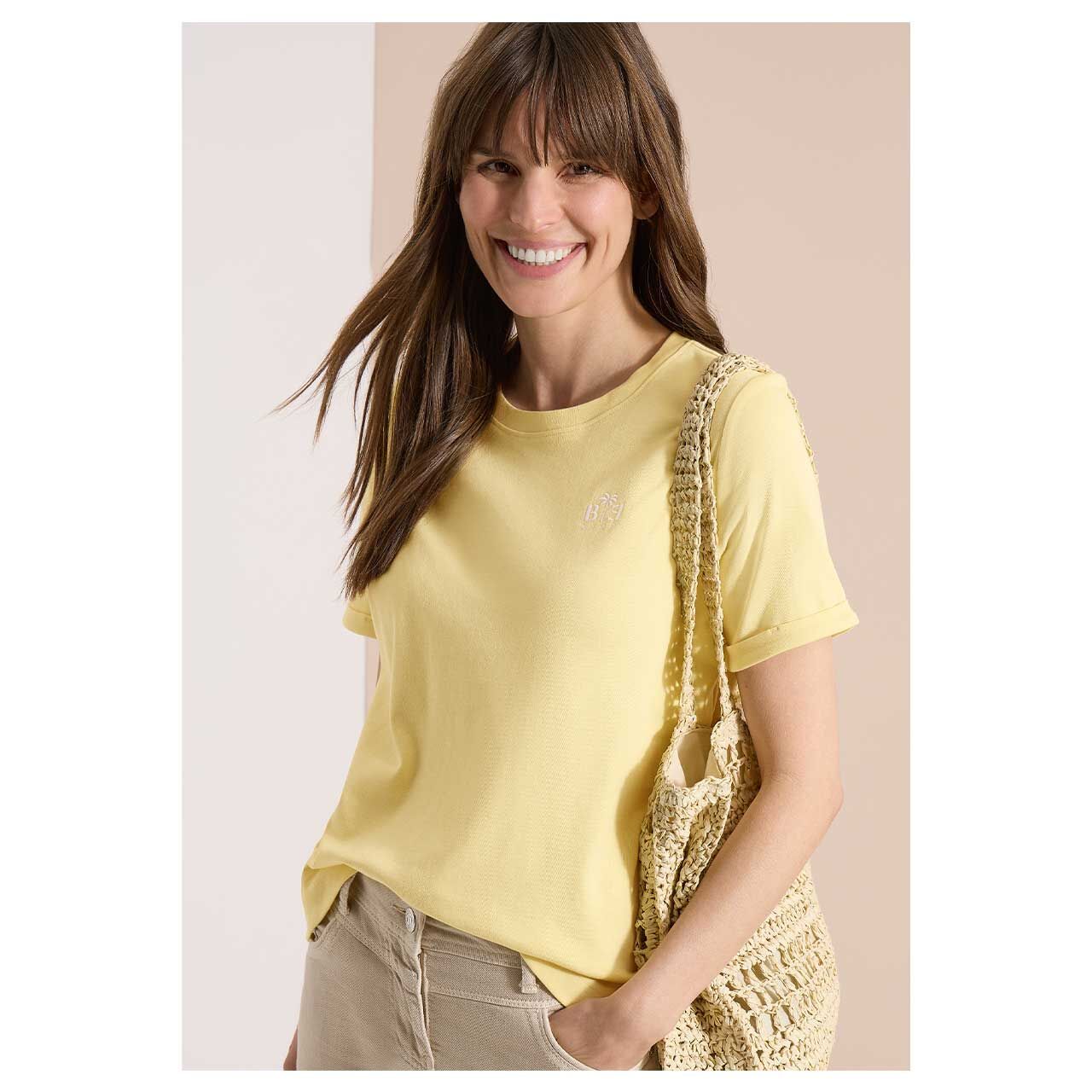 Damen T-Shirt Be Kind von Cecil in Gelb, Vorderansicht am Model