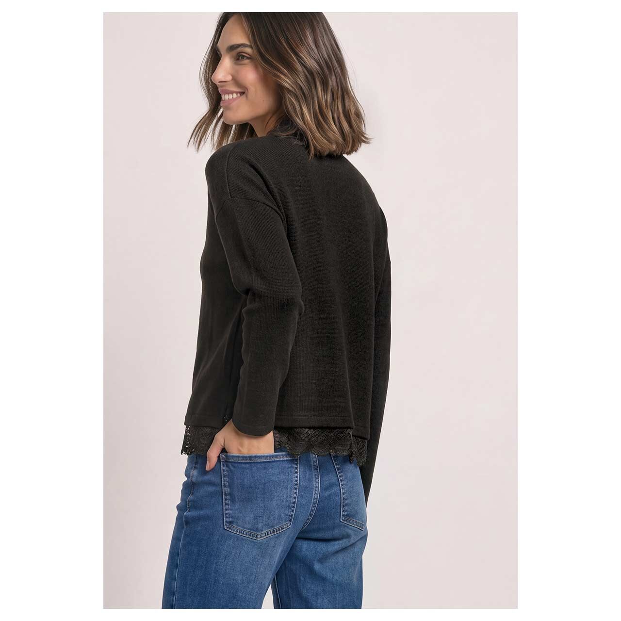 Damen Langarm Shirt Soft Lace Bottom von Street One in Dunkelbraun meliert, Rückansicht am Model