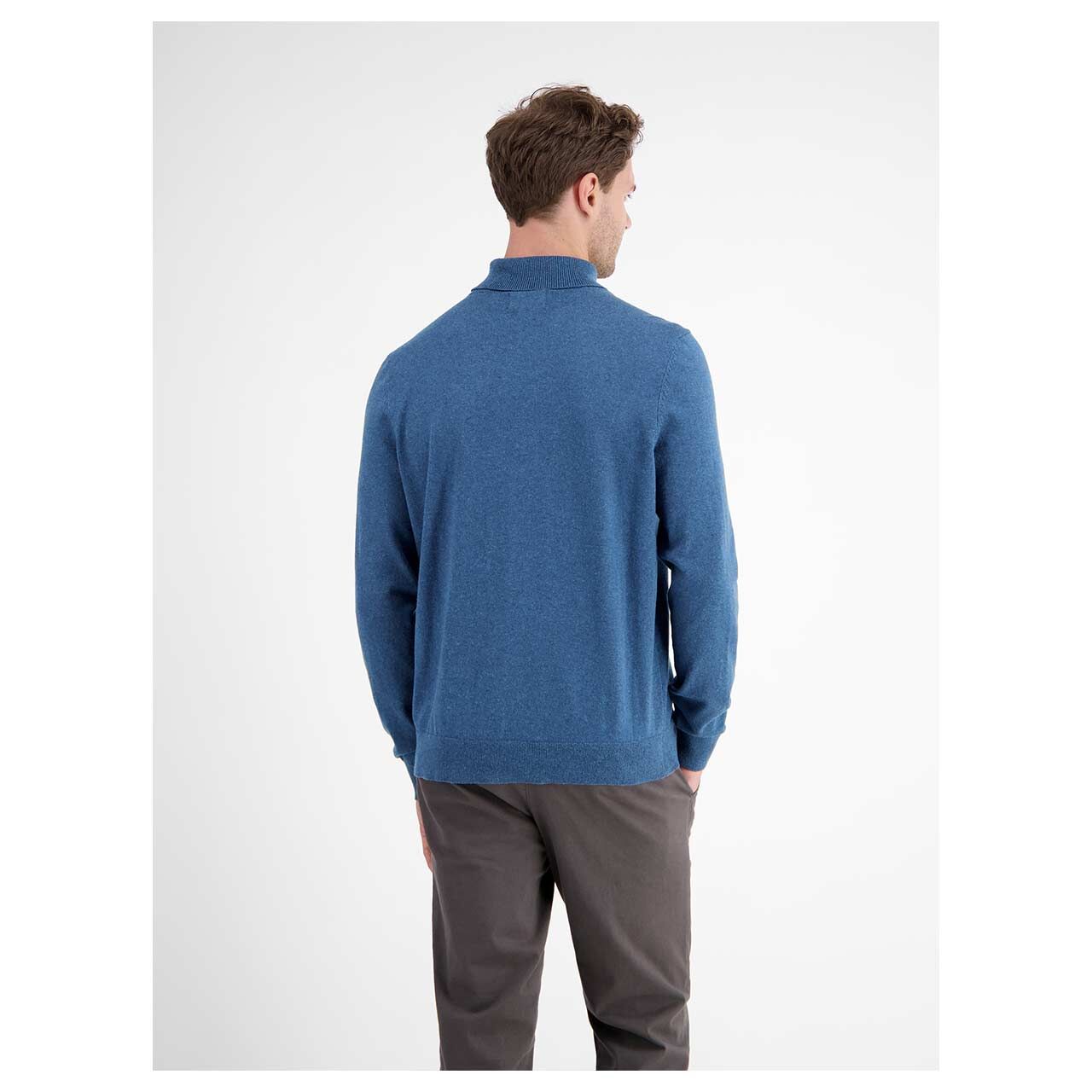 Herren Rollkragen Pullover von Leros in Blau meliert, Rückansicht am Model
