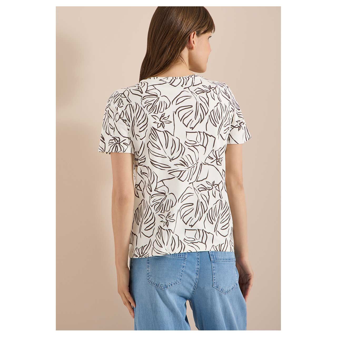 Damen T-Shirt Outline Basic von Cecil in Cremeweiß mit Print, Rückansicht am Model