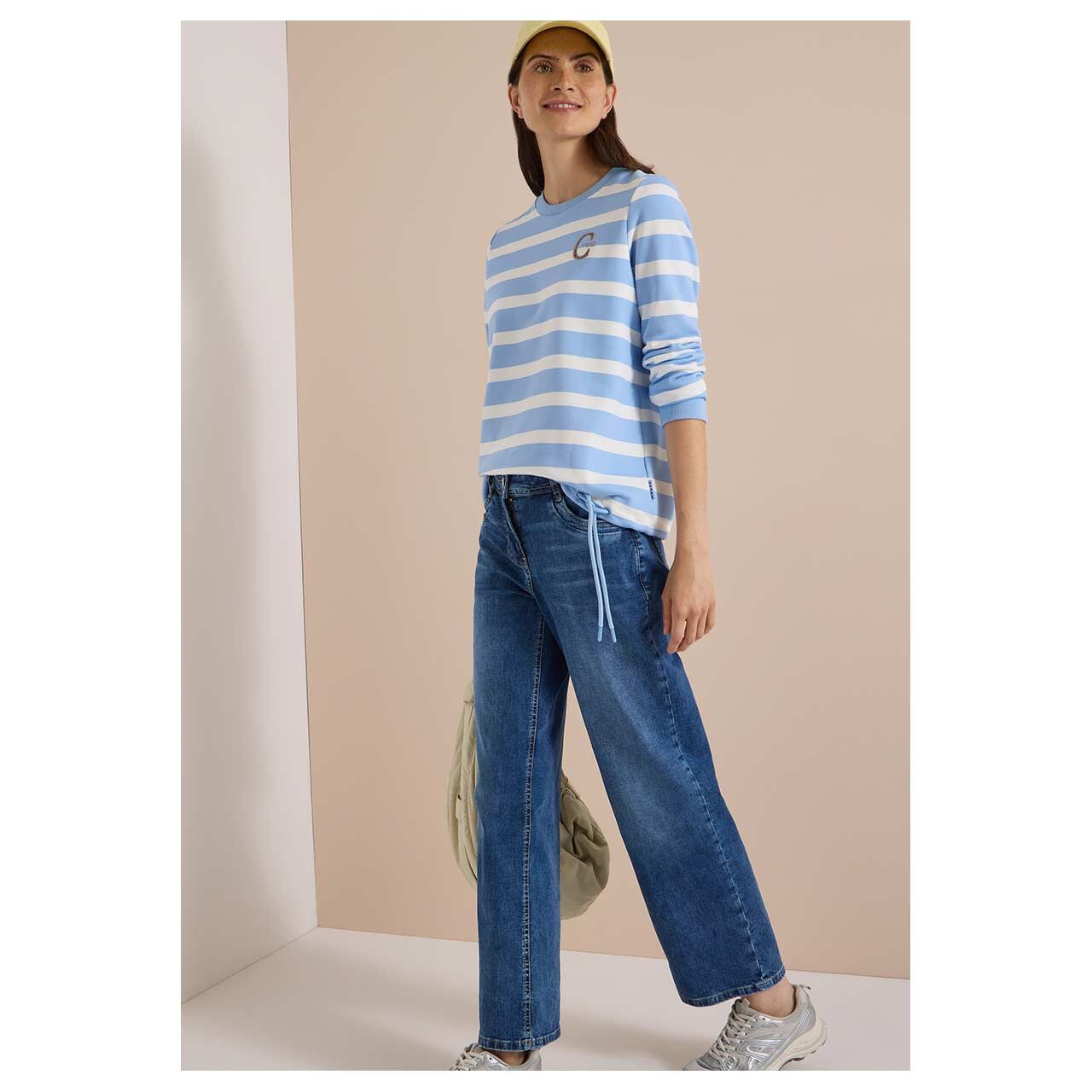 Damen Sweatshirt Striped Embroidery von Cecil in Hellblau gestreift, Ganzkörperansicht am Model