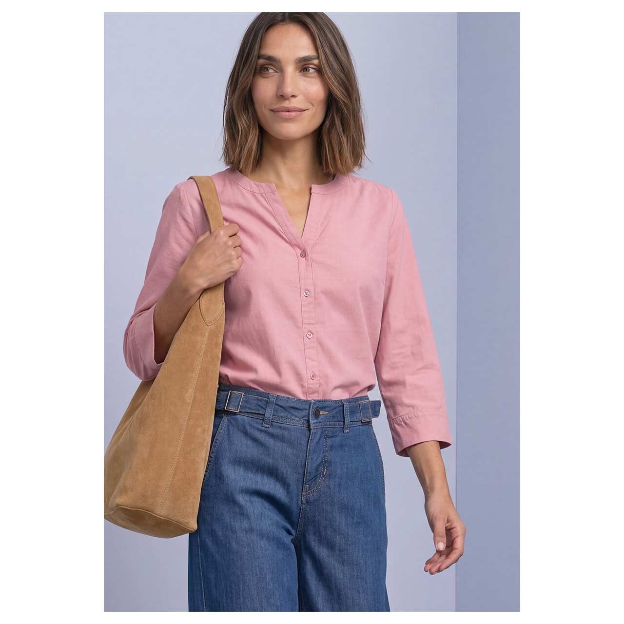 Damen 3/4 Arm Cord Bluse Corduroy Splitneck von Street One in Rosa, Vorderansicht am Model