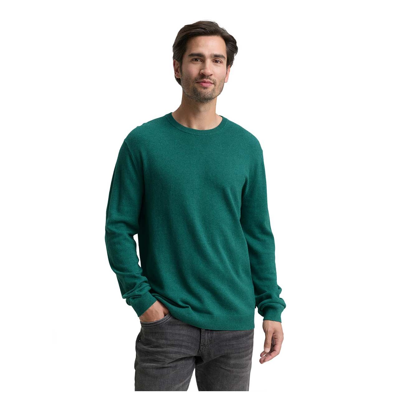 Herren Pullover Cashmere Crewneck Knit von Tom Tailor in Grün meliert, Vorderansicht am Model