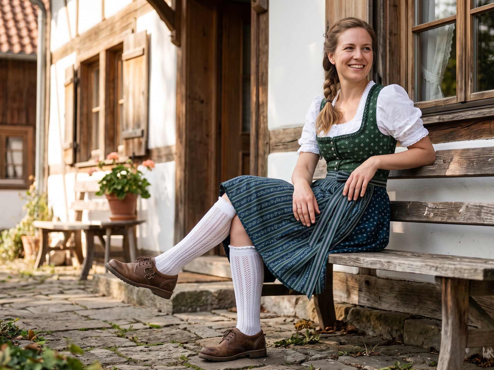 Eine lächelnde Frau sitzt entspannt auf einer Holzbank vor einem traditionellen Fachwerkhaus. Sie trägt ein dunkelgrünes Dirndl mit weißer Bluse und einen dunkelblau und grün gemusterten Rock. Dazu trägt sie weiße Kniestrümpfe mit einem feinen Lochmuster und braune flache Trachtenschuhe. Die sonnige Umgebung mit Holzfassade, Blumen und Pflastersteinen vermittelt eine ländliche Atmosphäre.