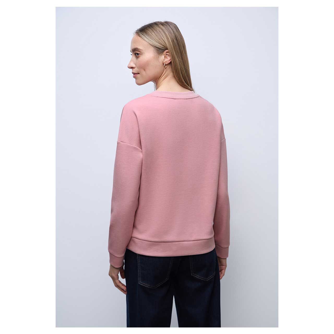 Damen Sweatshirt Rib Neck von Street One in Rosa meliert, Rückansicht am Model