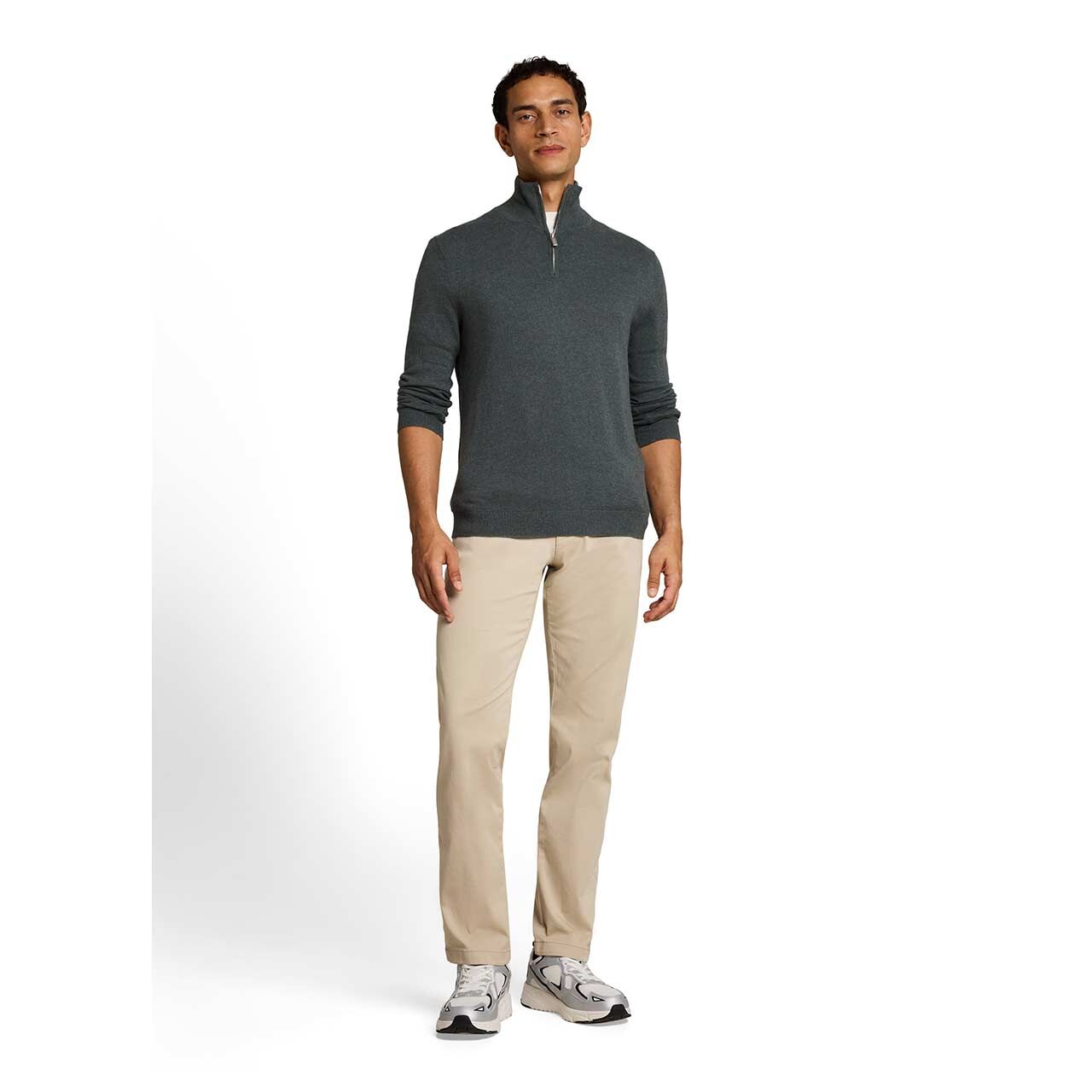 Herren Pullover Troyer Cashmere Knitted von Tom Tailor in Olivgrün meliert, Ganzkörperansicht