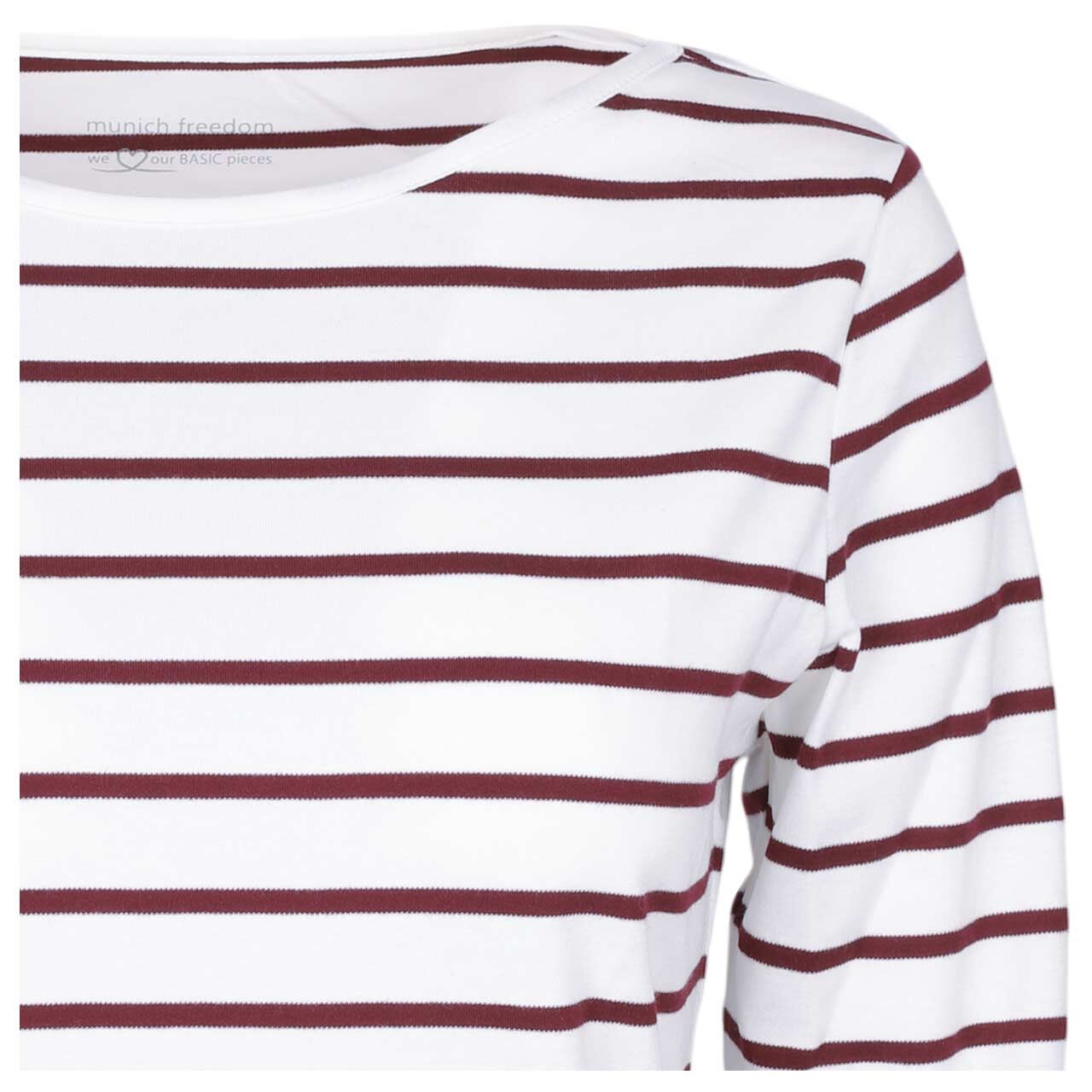 Damen 3/4 Arm Shirt von Munich Freedom in Cremeweiß-Weinrot gestreift, detaillierte Vorderansicht