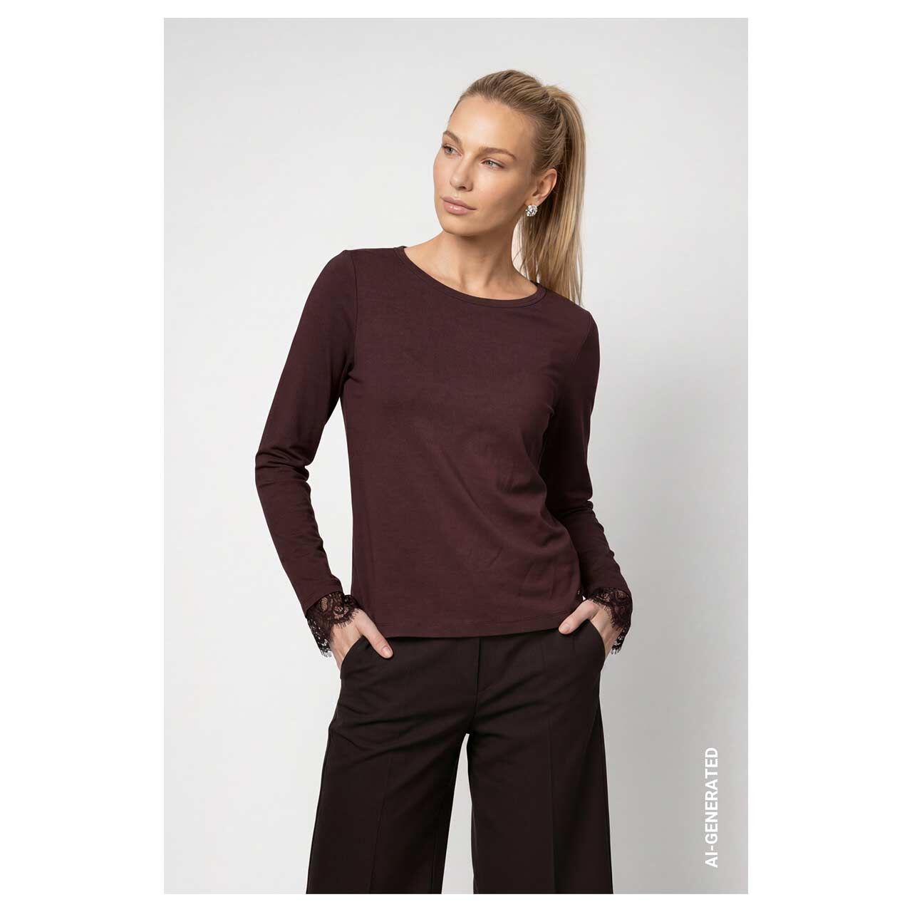 Damen Langarm Shirt von Monari in Dunkelbraun, Vorderansicht am Model