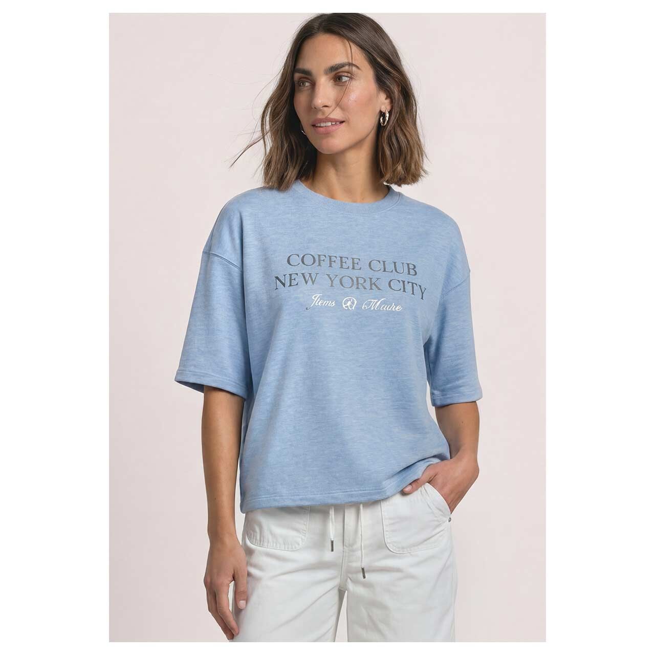 Damen Kurzarm Sweatshirt Short Boxy Crewneck von Street One in Hellblau meliert, Vorderansicht am Model
