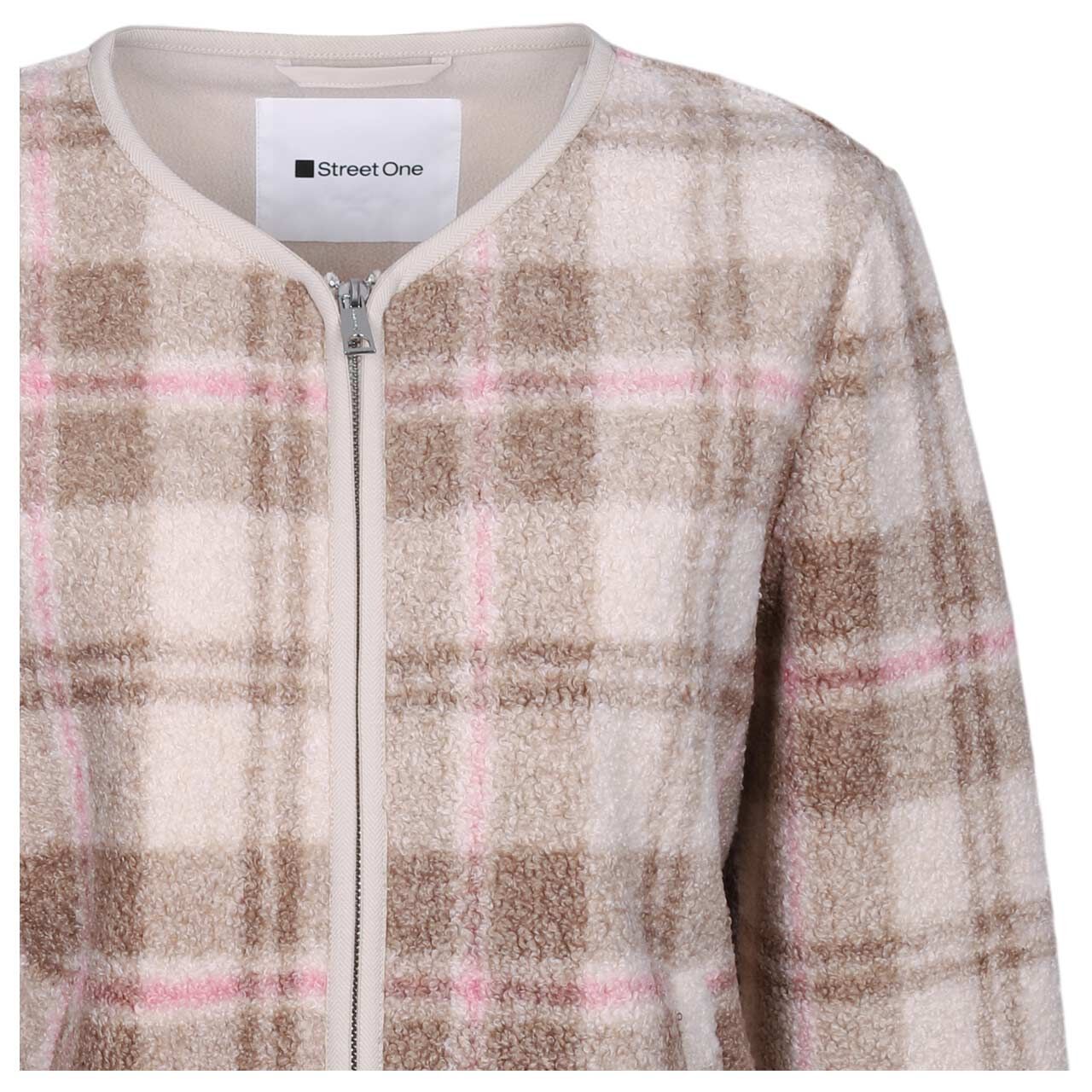 Damen Teddyjacke Short Jacket von Street One in Hellbeige kariert, Detailansicht vorne