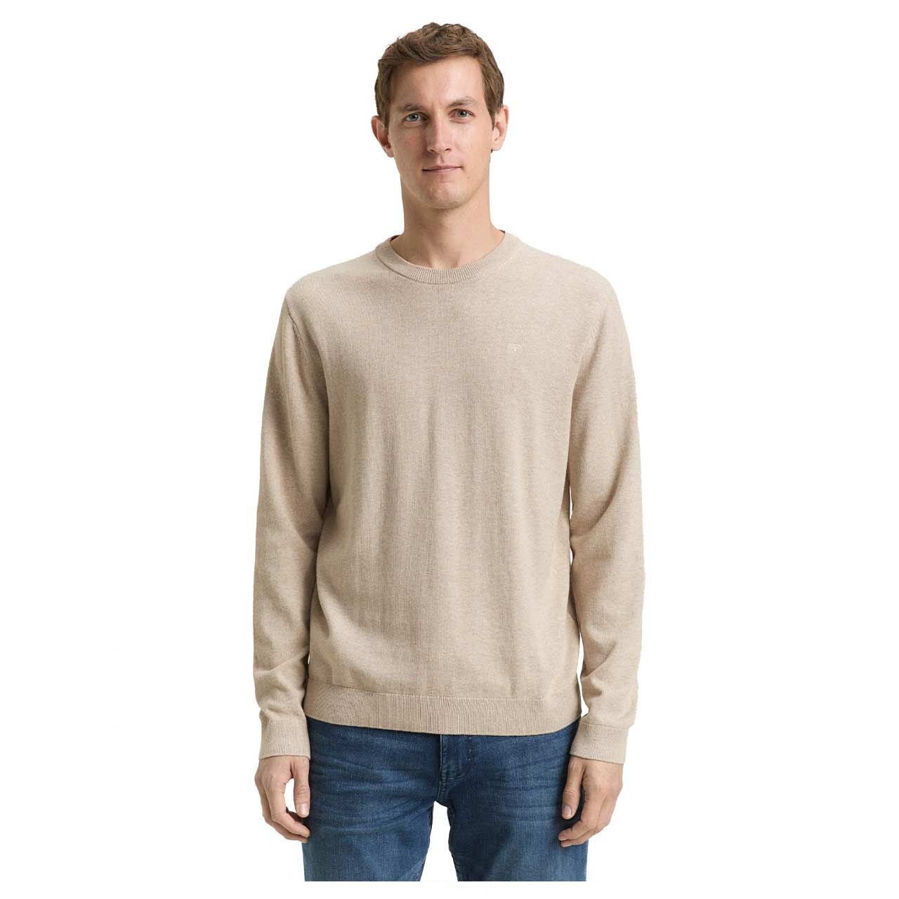 Herren Pullover Basic Crewneck Knit von Tom Tailor in Beige meliert, Vorderansicht am Model