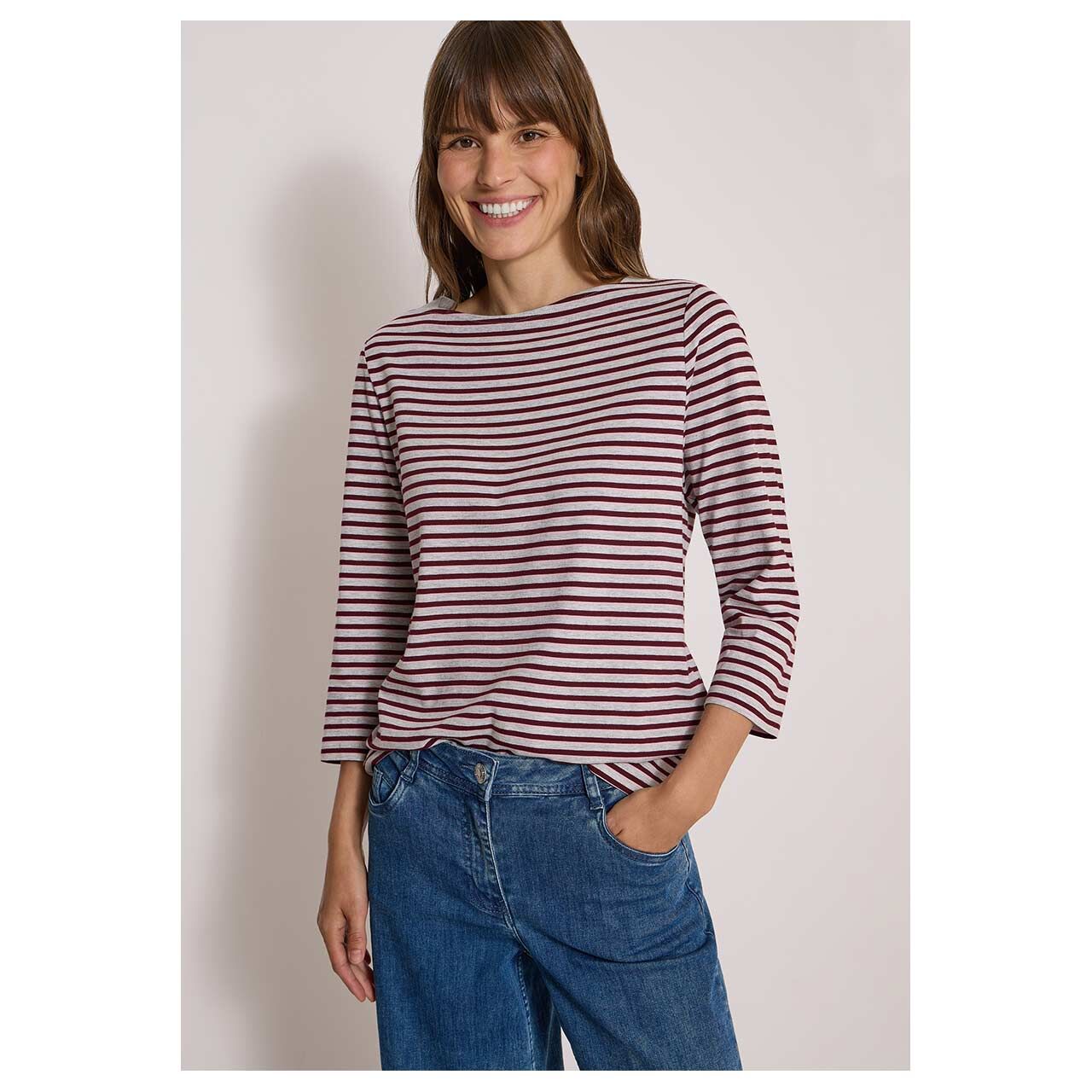3/4 Arm Shirt Small Striped Boatneck von Cecil in Grau gestreift, Vorderansicht am Model