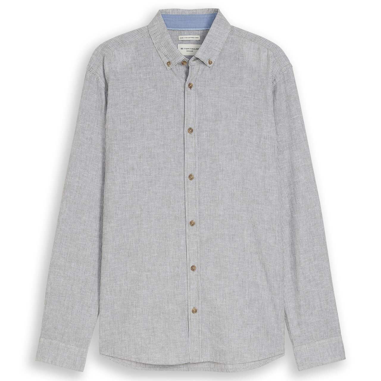 Tom Tailor Herren Leinen Langarm Hemd leaf green small stripe