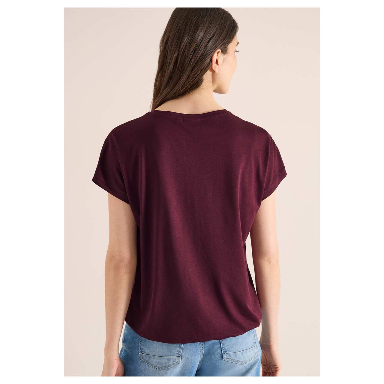Damen T-Shirt Solid Lace Shoulder von Cecil in Weinrot, Rückansicht am Model
