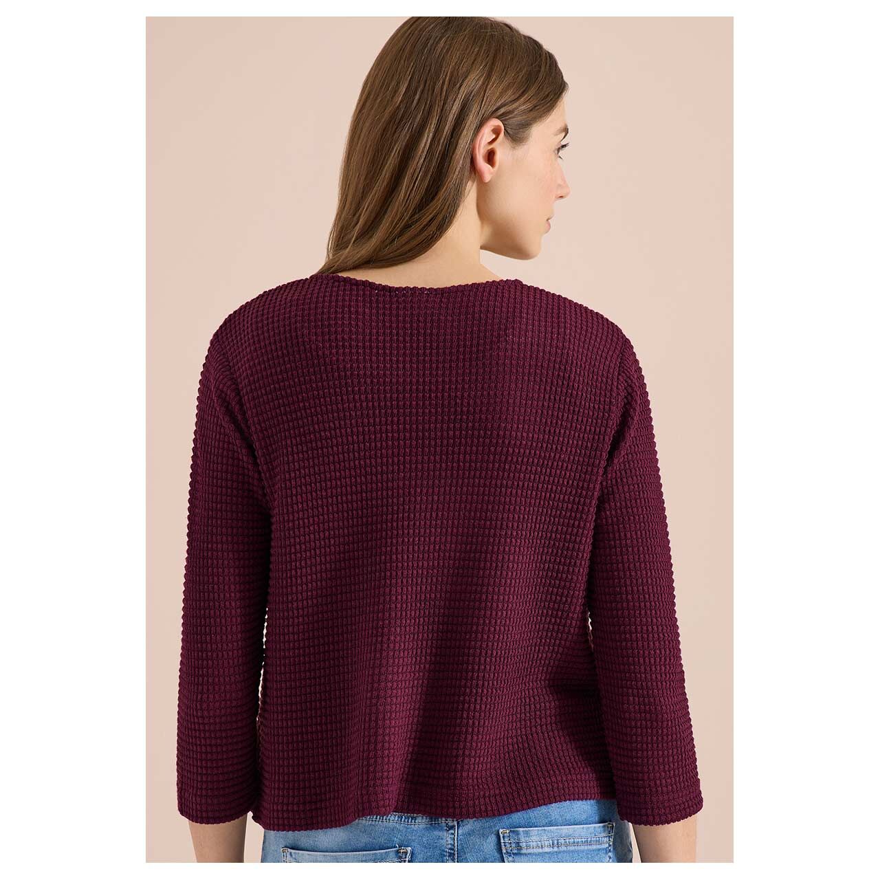 Damen 3/4 Arm Strickjacke Ajour Knit Open Jacket von Cecil in Lila, Rückansicht am Model