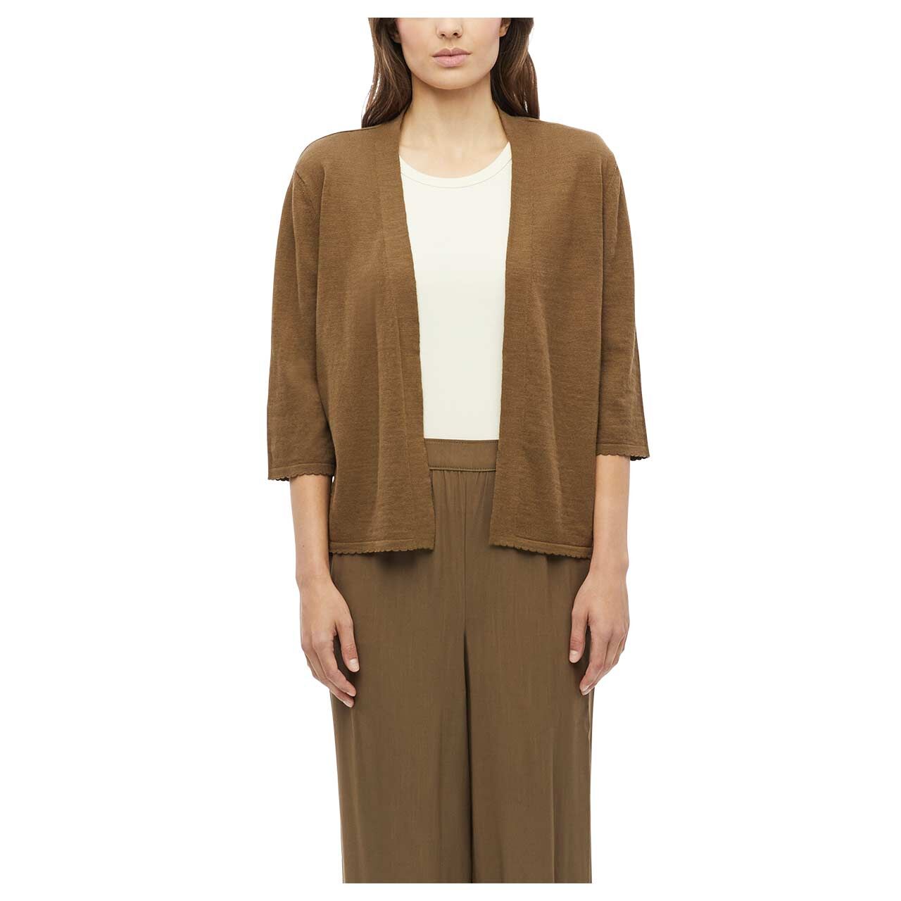 Damen 3/4 Arm Strickjacke von s.Oliver in Braun, Vorderansicht am Model