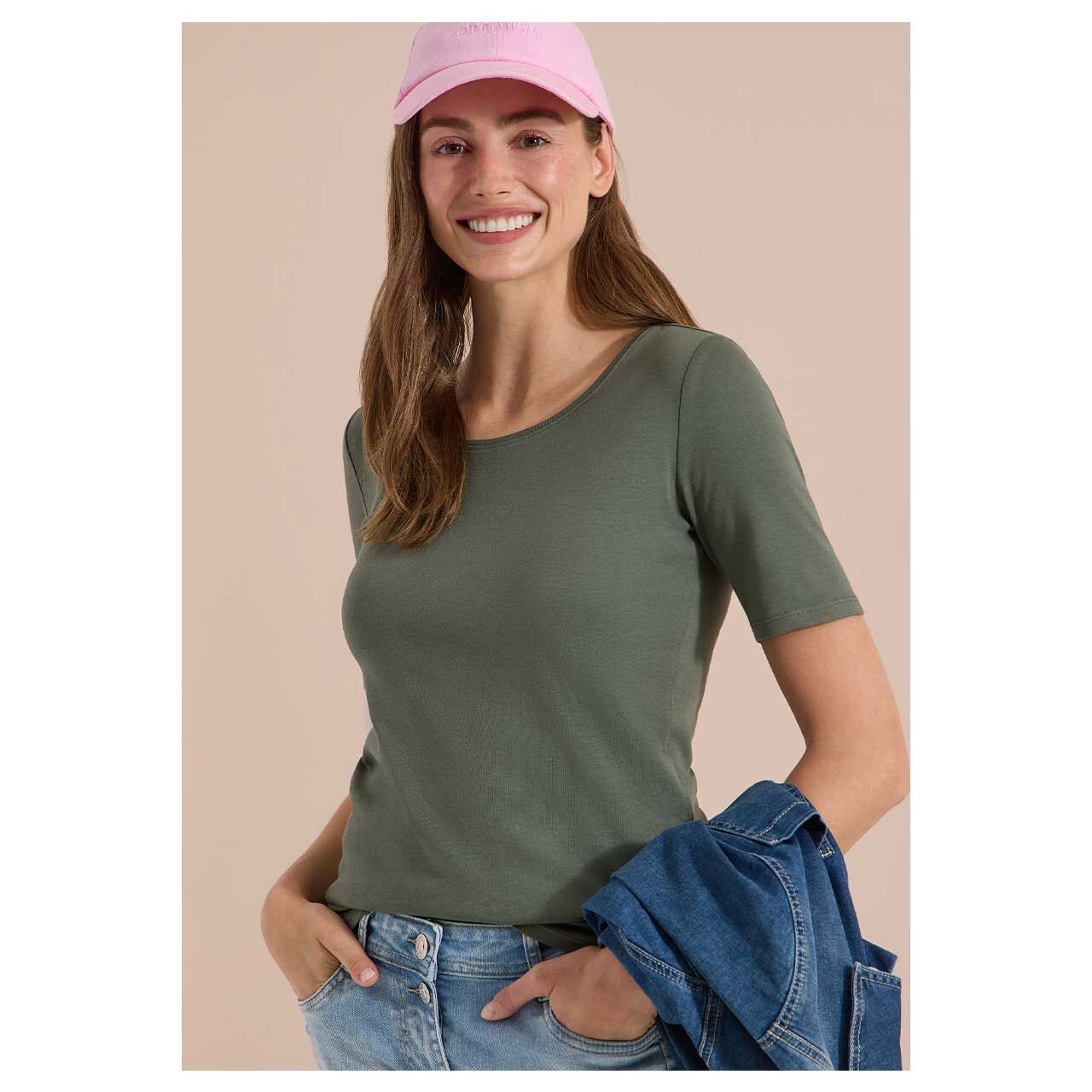 Damen T-Shirt Lena von Cecil in Olivgrün, Detailansicht von vorne am Model