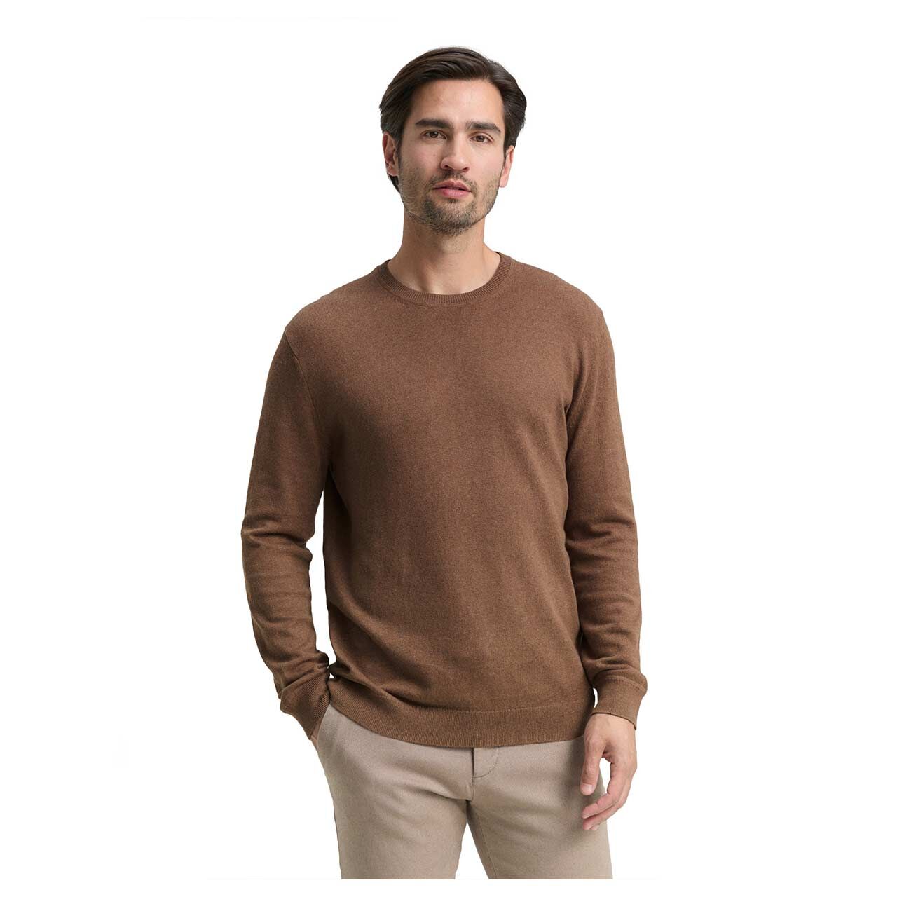 Herren Pullover Cashmere Crewneck Knit von Tom Tailor in Braun meliert, Vorderansicht am Model