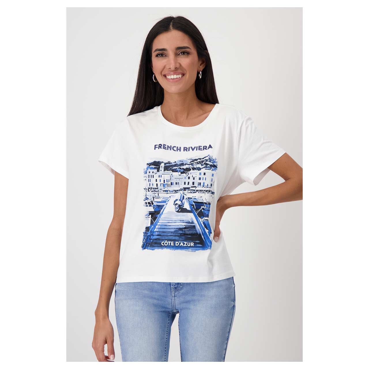 Damen T-Shirt von Monari in Cremeweiß mit Print, Vorderansicht am Model