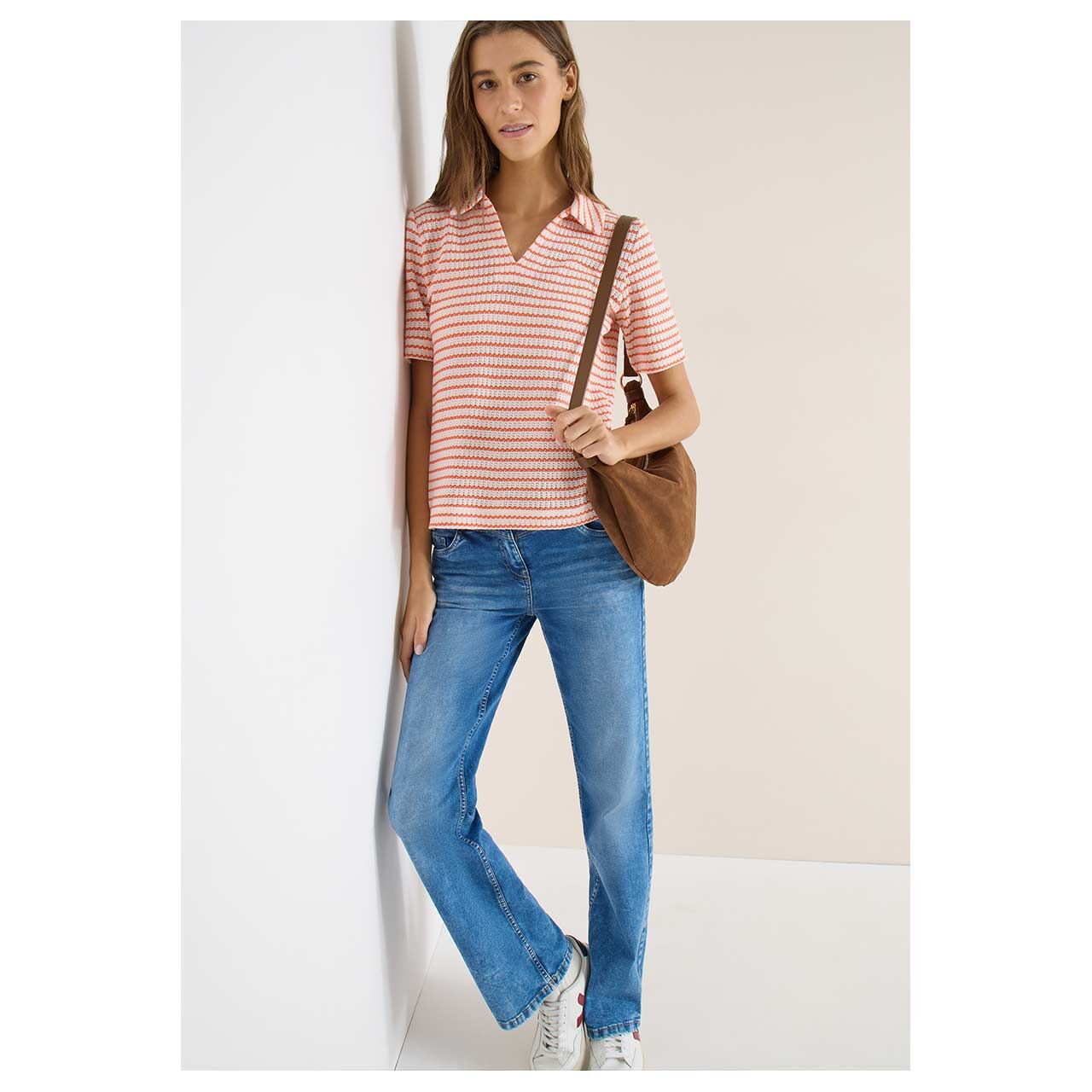 Damen Poloshirt Striped Ajour von Cecil in Orange-Rot gestreift, Ganzkörperansicht Model
